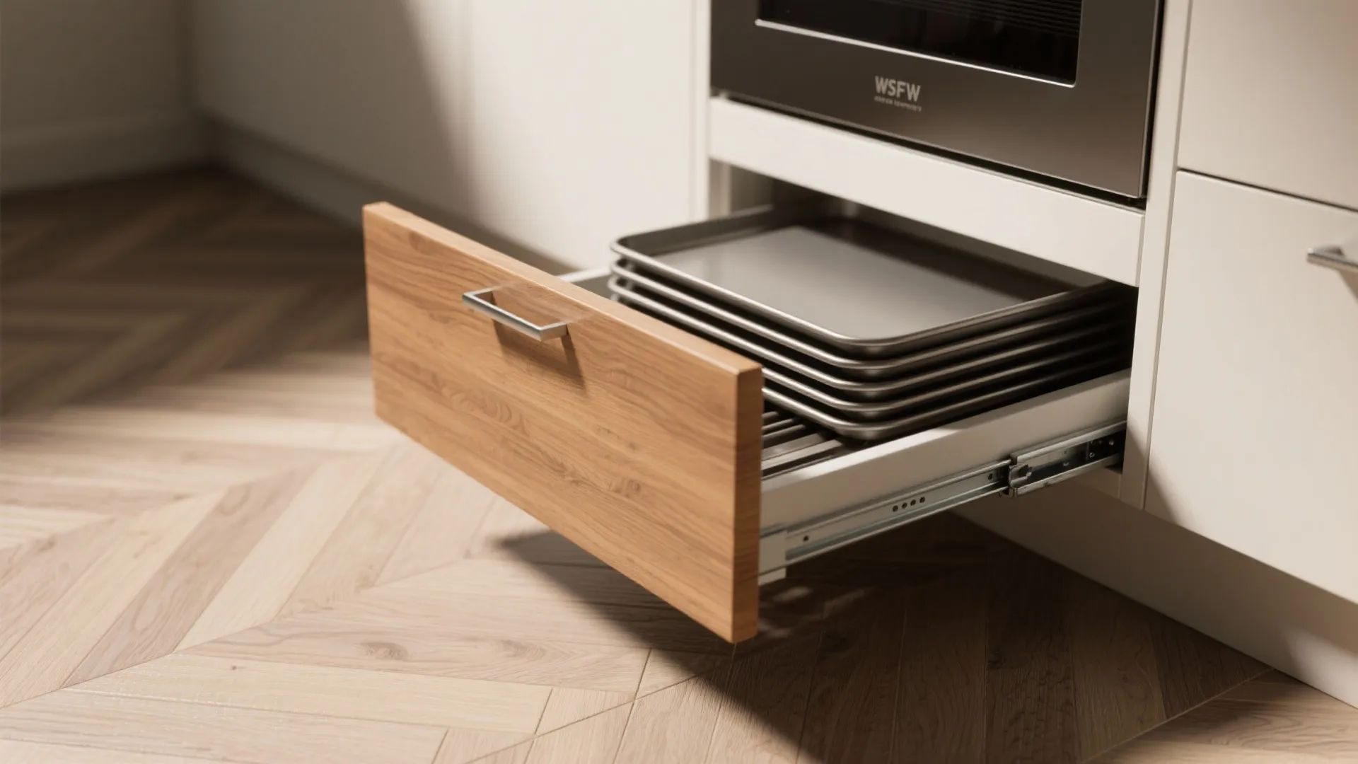Wooden bottom kitchen drawer pulled out to reveal metal baking trays stored under a black oven