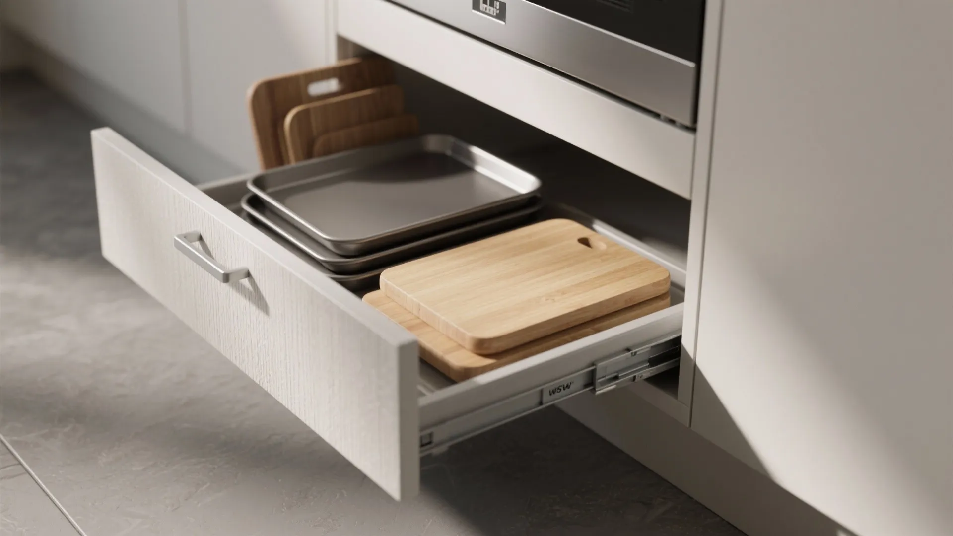 Hidden toe-kick drawer open holding baking trays and cutting boards beneath cabinet
