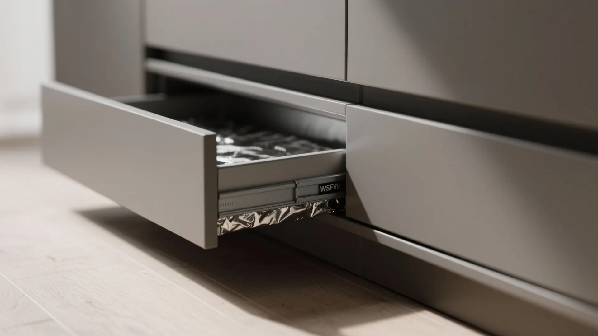 Modern grey kitchen cabinet with an open low drawer showing hidden storage space near floor