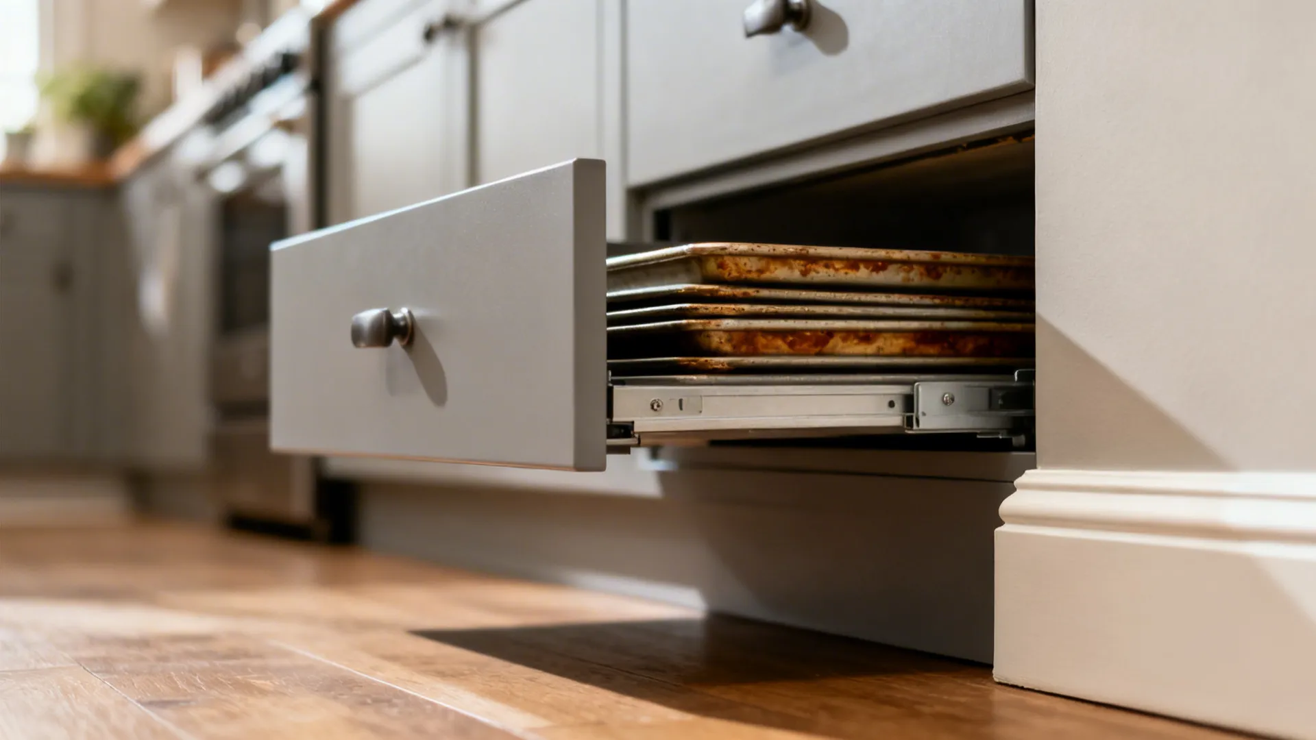 Close-up of a toe-kick drawer slightly open with baking sheets inside.