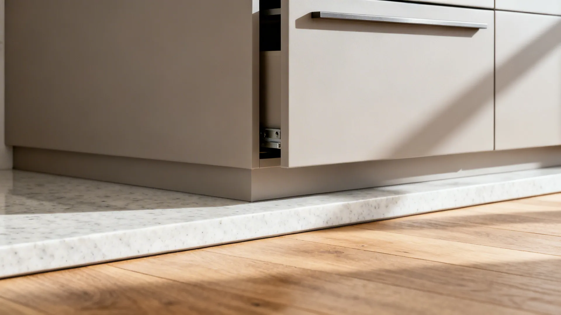 Macro of a minimalist toe-kick drawer with matte cabinet fronts and clean shadow reveal.