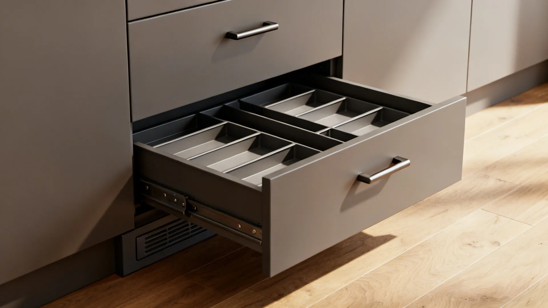Macro view of a toe-kick drawer under a cabinet with organized storage trays.