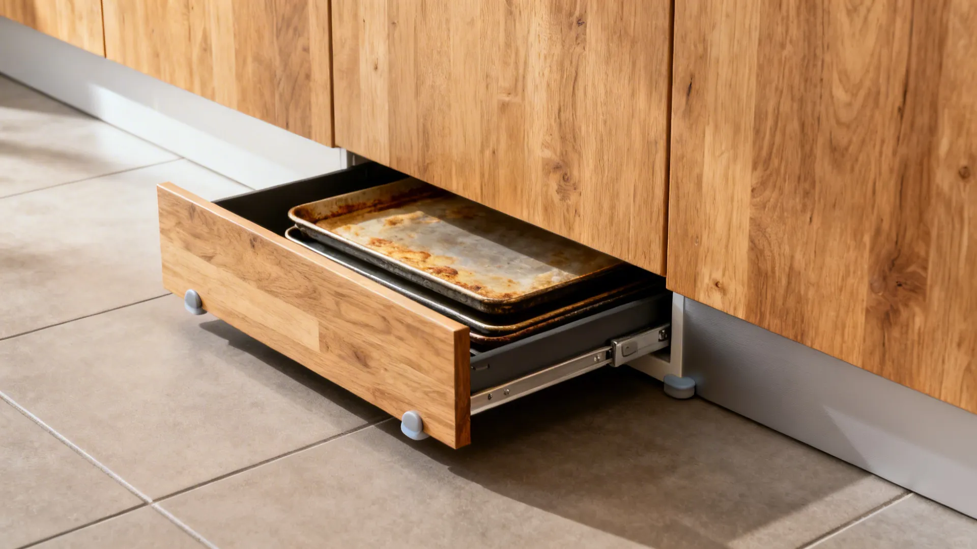 Macro of a toe-kick drawer storing baking sheets with precise push-to-open hardware.