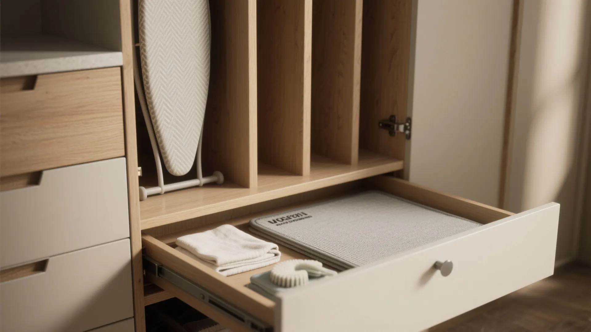 Modern wooden cabinet featuring an open drawer with organized towels and a small ironing board