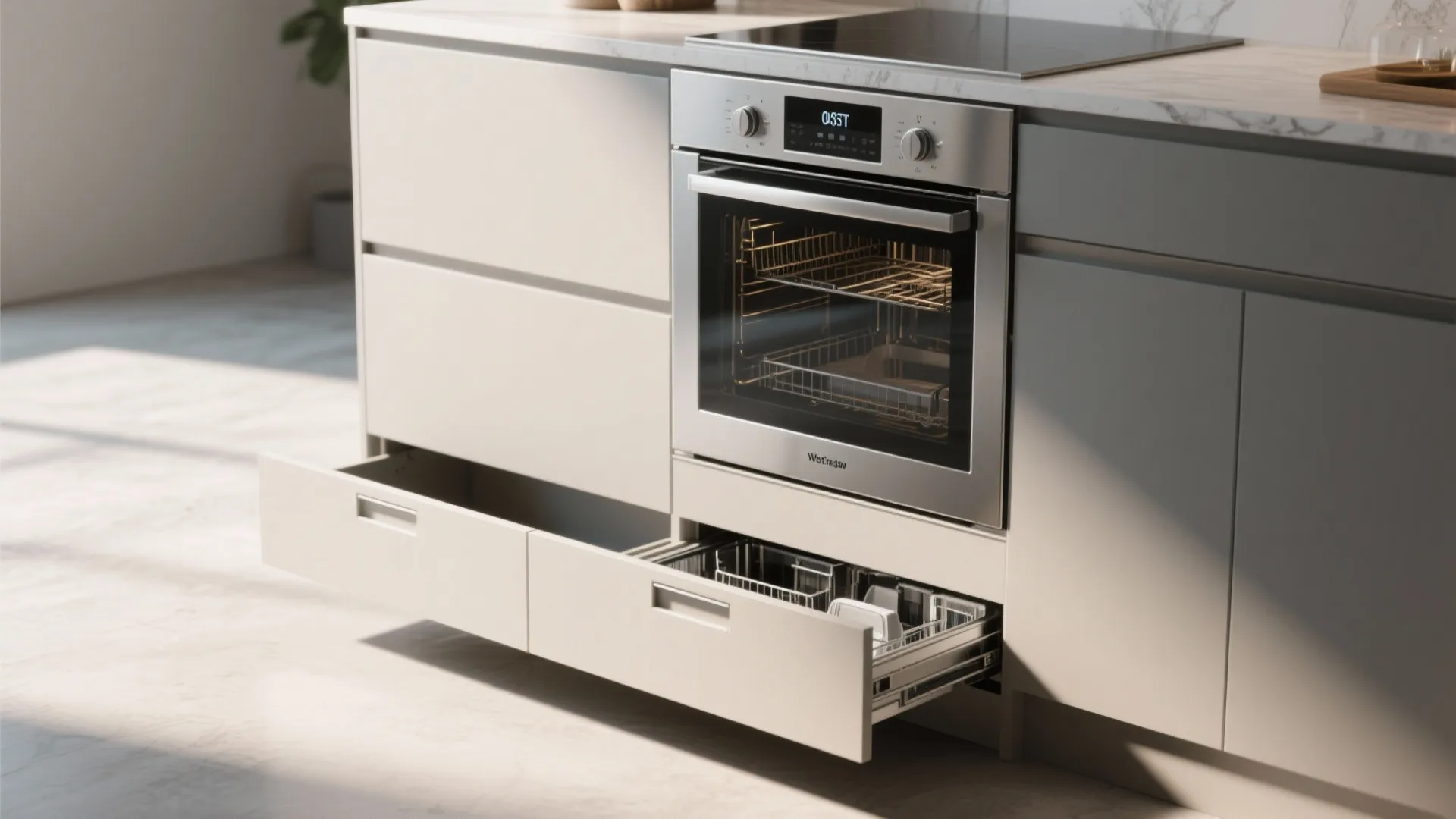 Built in kitchen oven above a pulled out bottom drawer for extra storage in cabinets