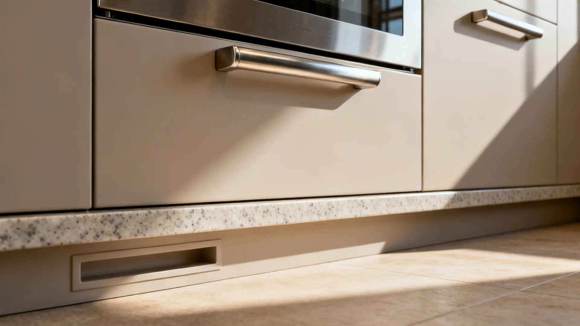 Macro of toe-kick recess and appliance handle projection showing comfortable clearances