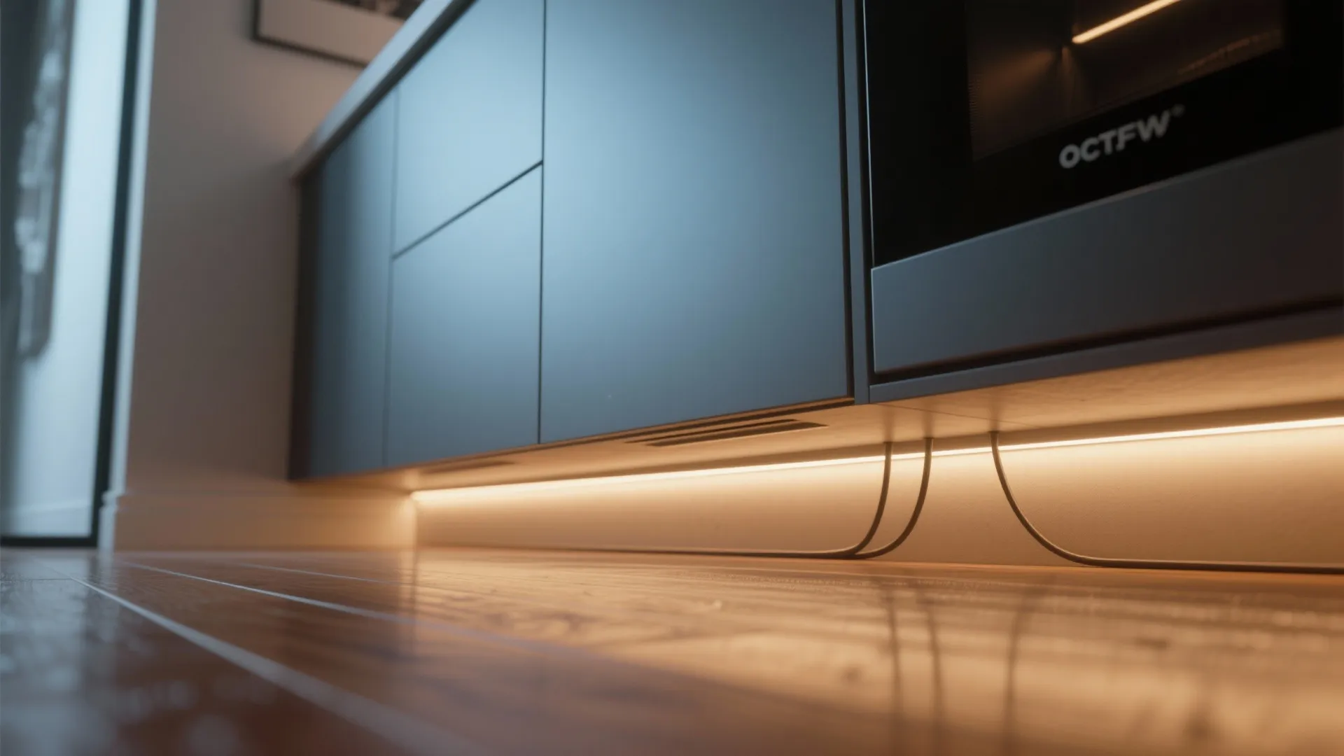 Close up view of floor level warm strip lighting installed under dark grey kitchen cabinets