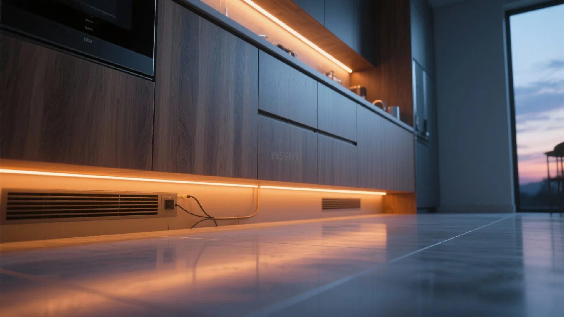 Modern kitchen cabinets with warm led strip lights installed at the bottom for floor lighting