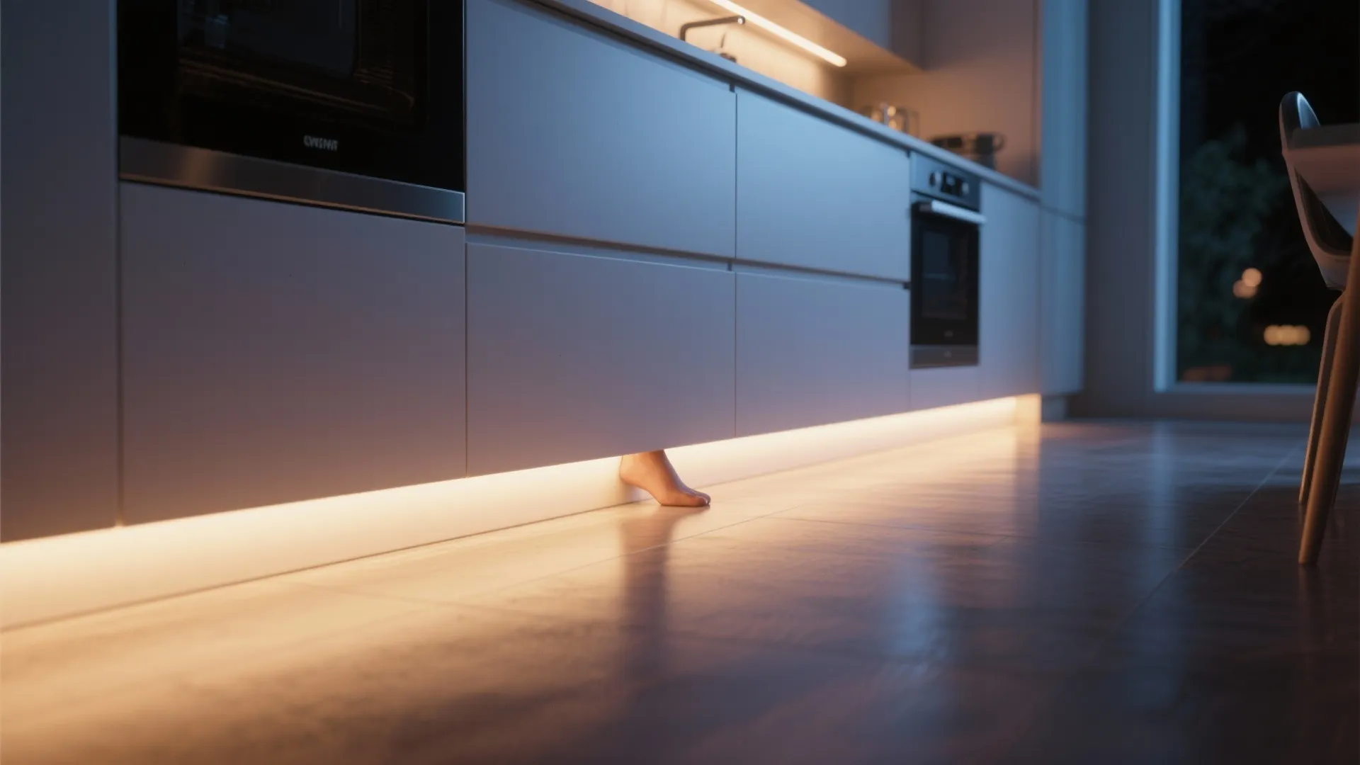 Modern white kitchen cabinets with warm floor light fixtures showing a foot under the bottom edge