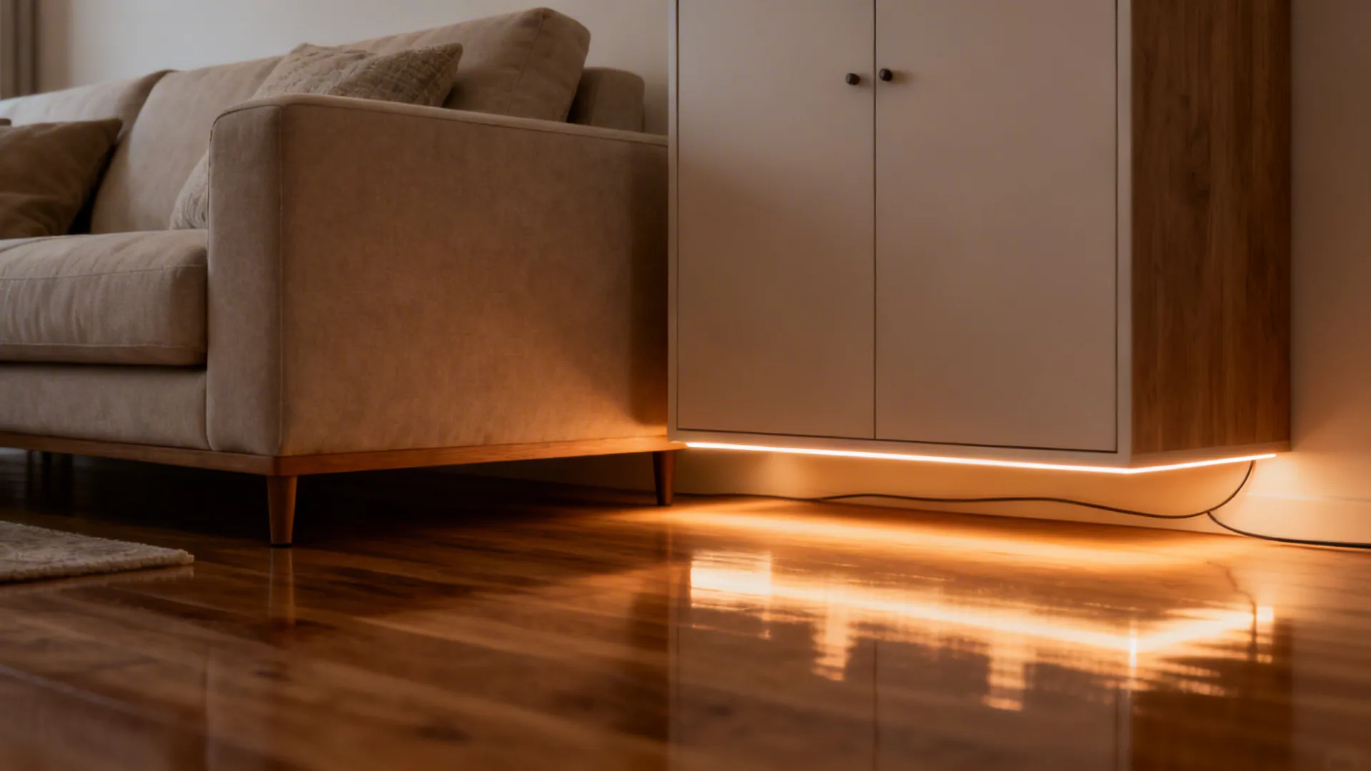 Under-sofa and cabinet toe-kick warm LED lighting creating a floating illusion and soft path light.