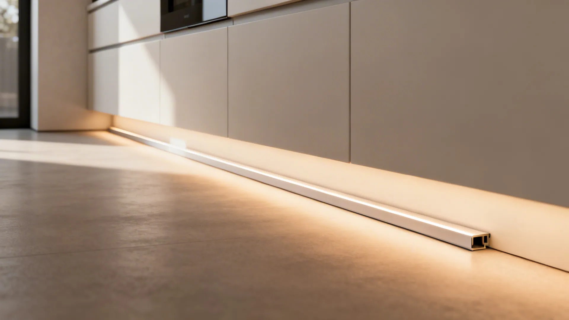 Close-up of soft LED toe-kick lighting under base cabinets, creating a floating effect on a matte floor.