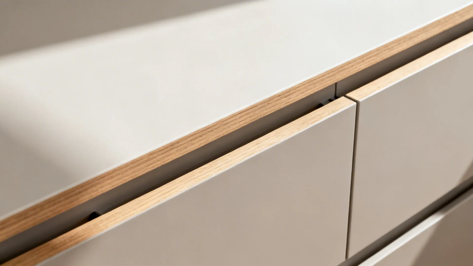 Close up of modern white cabinet drawers with light wood trim and clean minimalist design lines