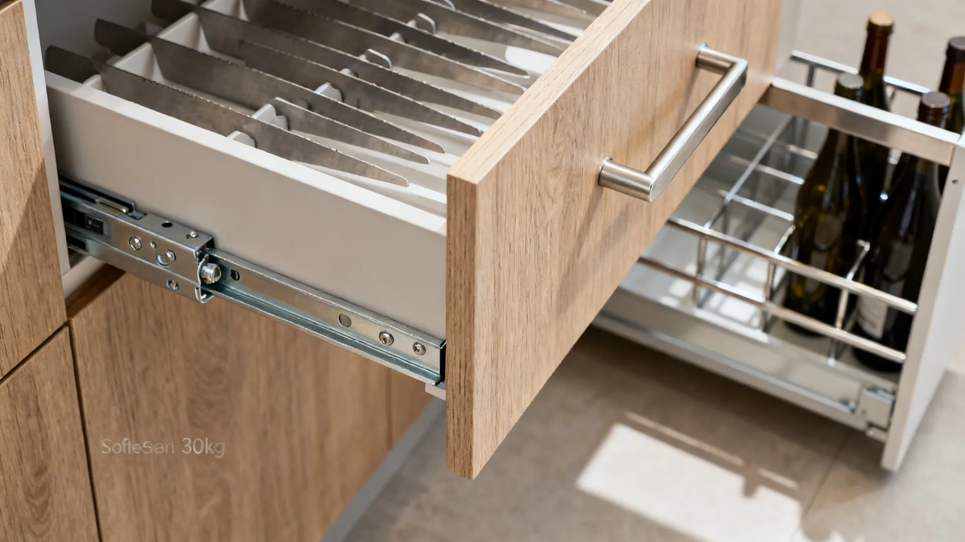 Macro of toe-kick drawer hardware and moisture-resistant materials with organized blades.