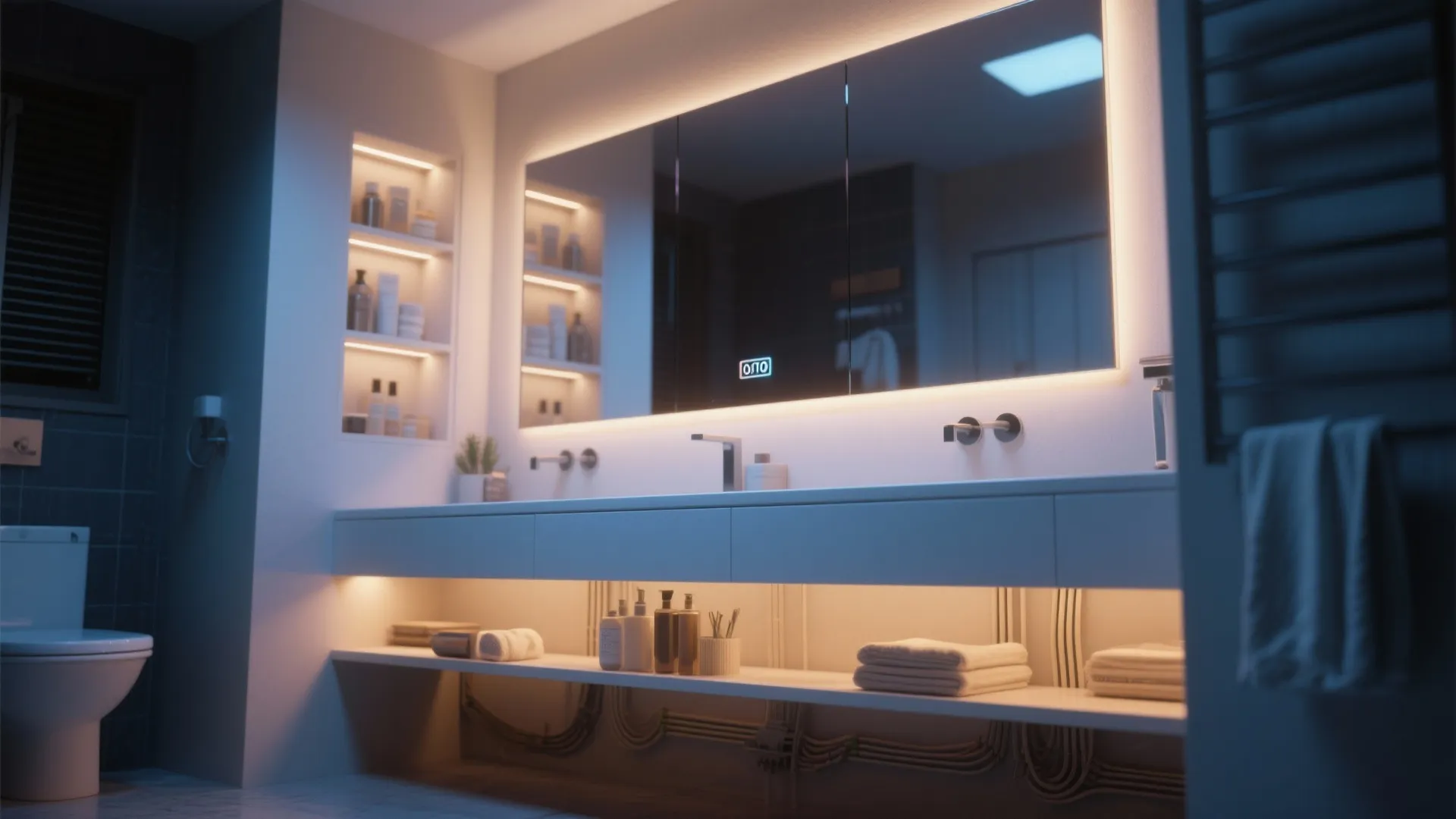 5. Vanity with under-counter lighting and mirror storage