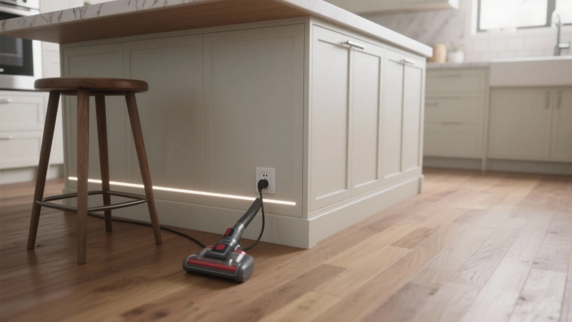 Vacuum cleaner plugged into a wall outlet on the side of a white kitchen island