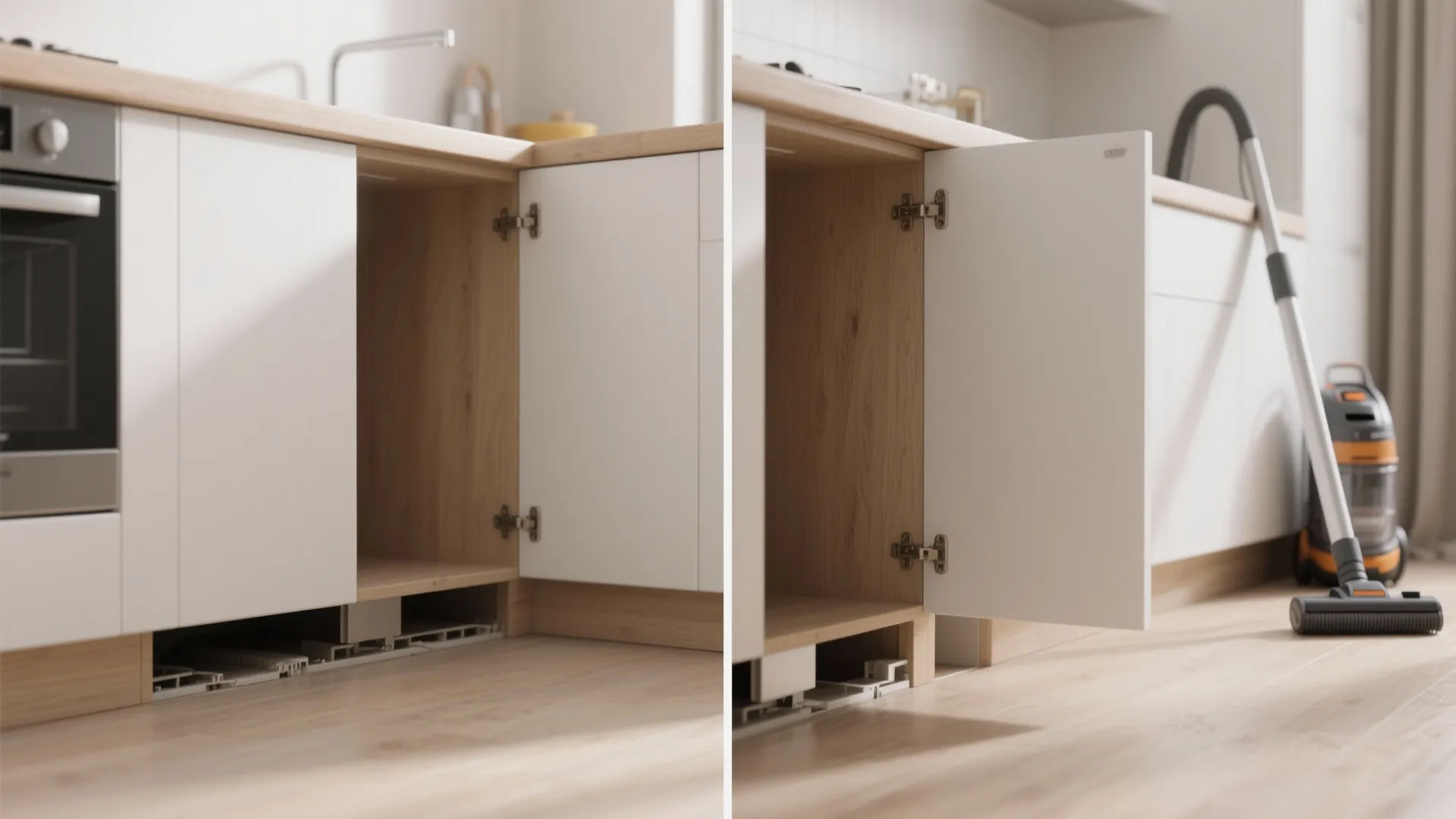 White kitchen cabinets with wood countertop showing open bottom space and vacuum cleaner on floor