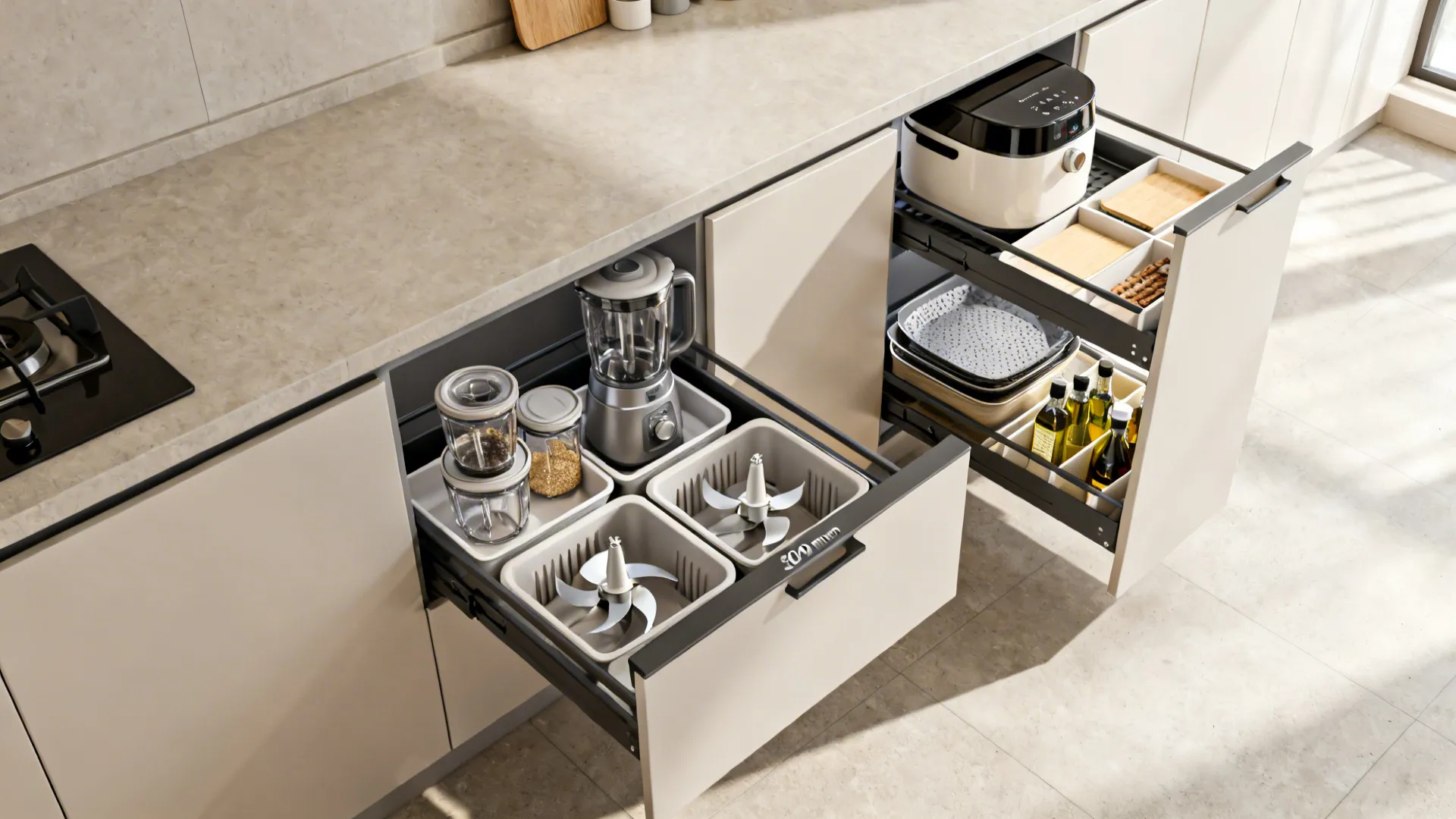 Top-down view of a toe-kick drawer for jars and a slim tall pull-out for fryer accessories and oils.