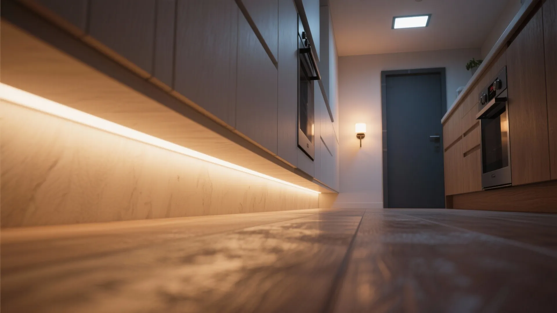 Warm light strip installed under kitchen base cabinets illuminating wooden floor in a modern kitchen