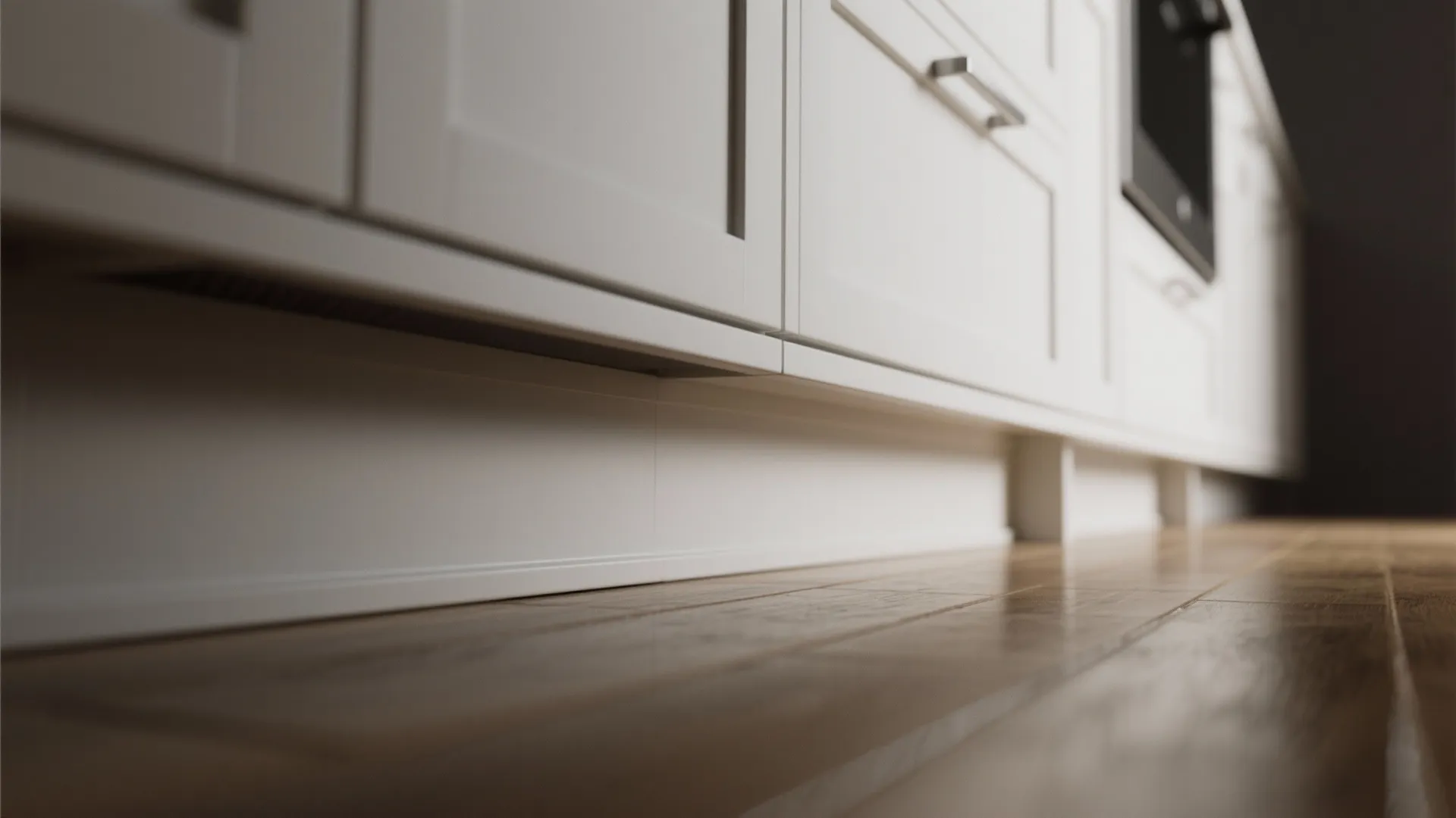 Close up of white kitchen cabinet base showing toe kick space over a wooden floor