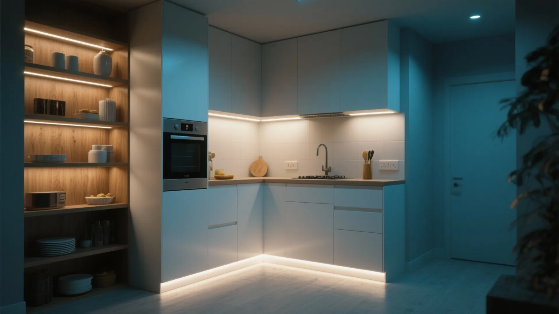 4) Toe-kick and shelf accent lighting for depth