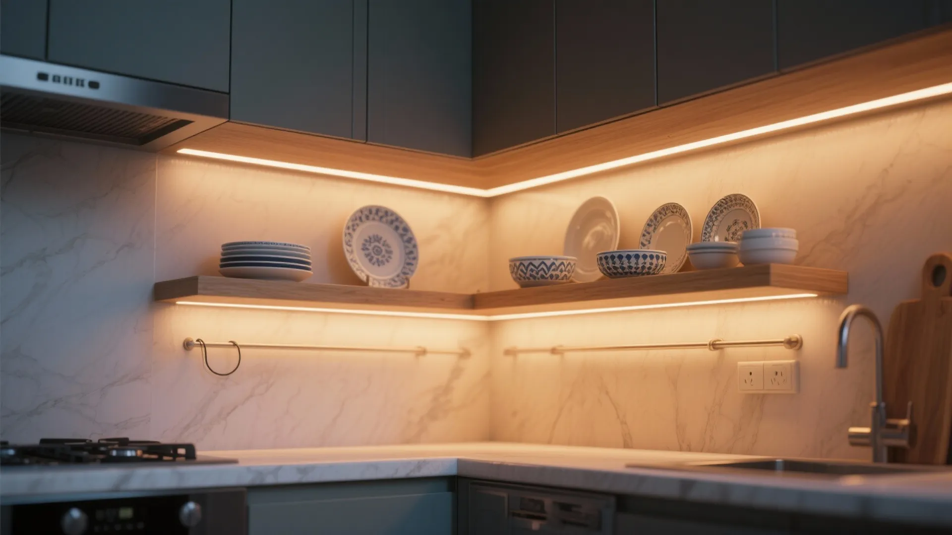 4. Integrated toe-kick and open-shelf lighting to boost depth