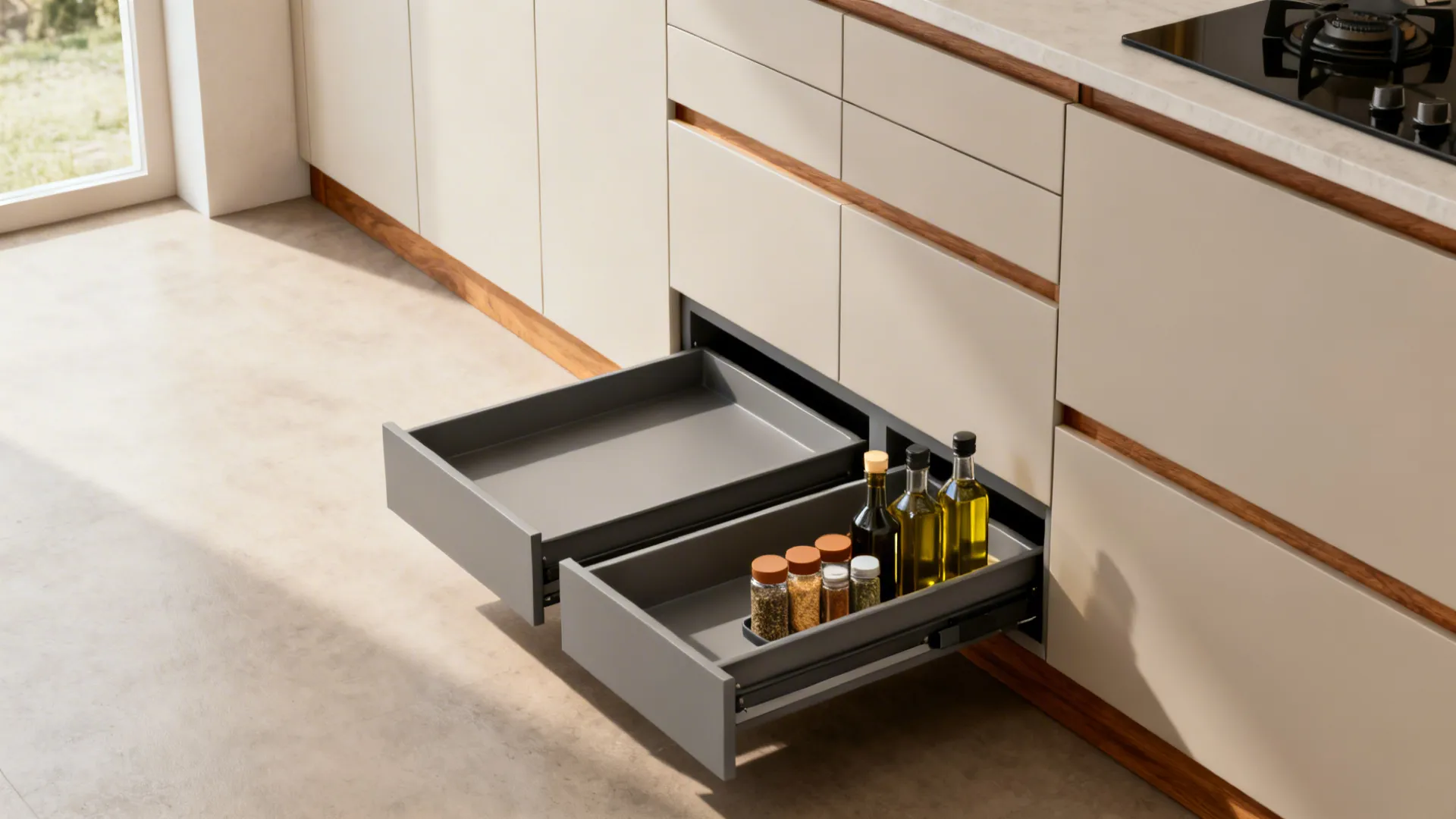Two open grey kitchen drawers at floor level holding various spice jars and oil bottles