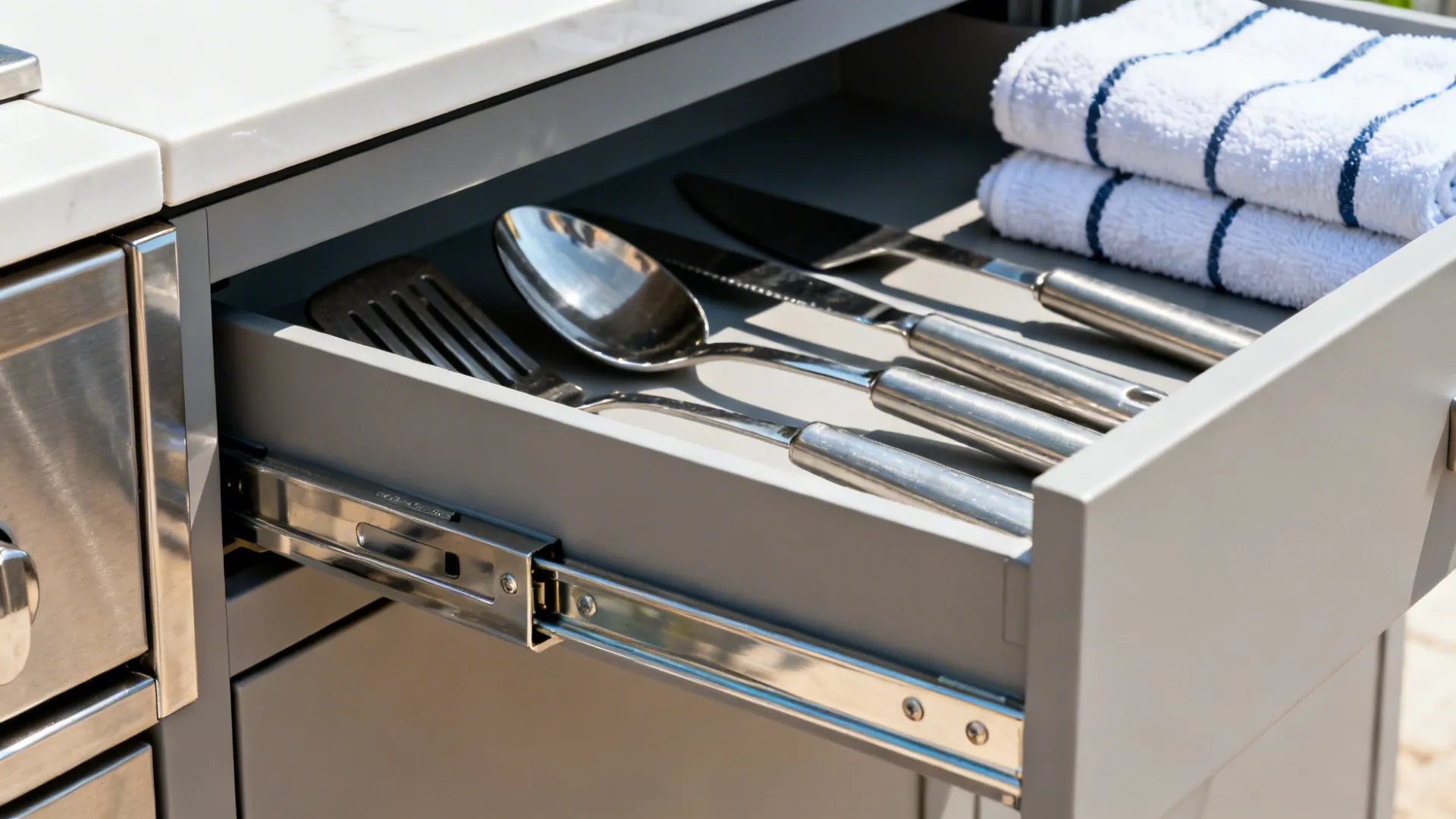 Open kitchen cabinet drawer showing metal spoons and spatulas with white towels on the side