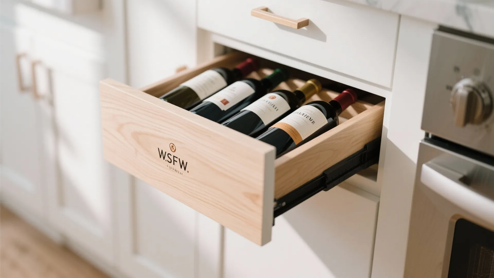 Close-up of toe-kick drawer with wine bottles stored horizontally