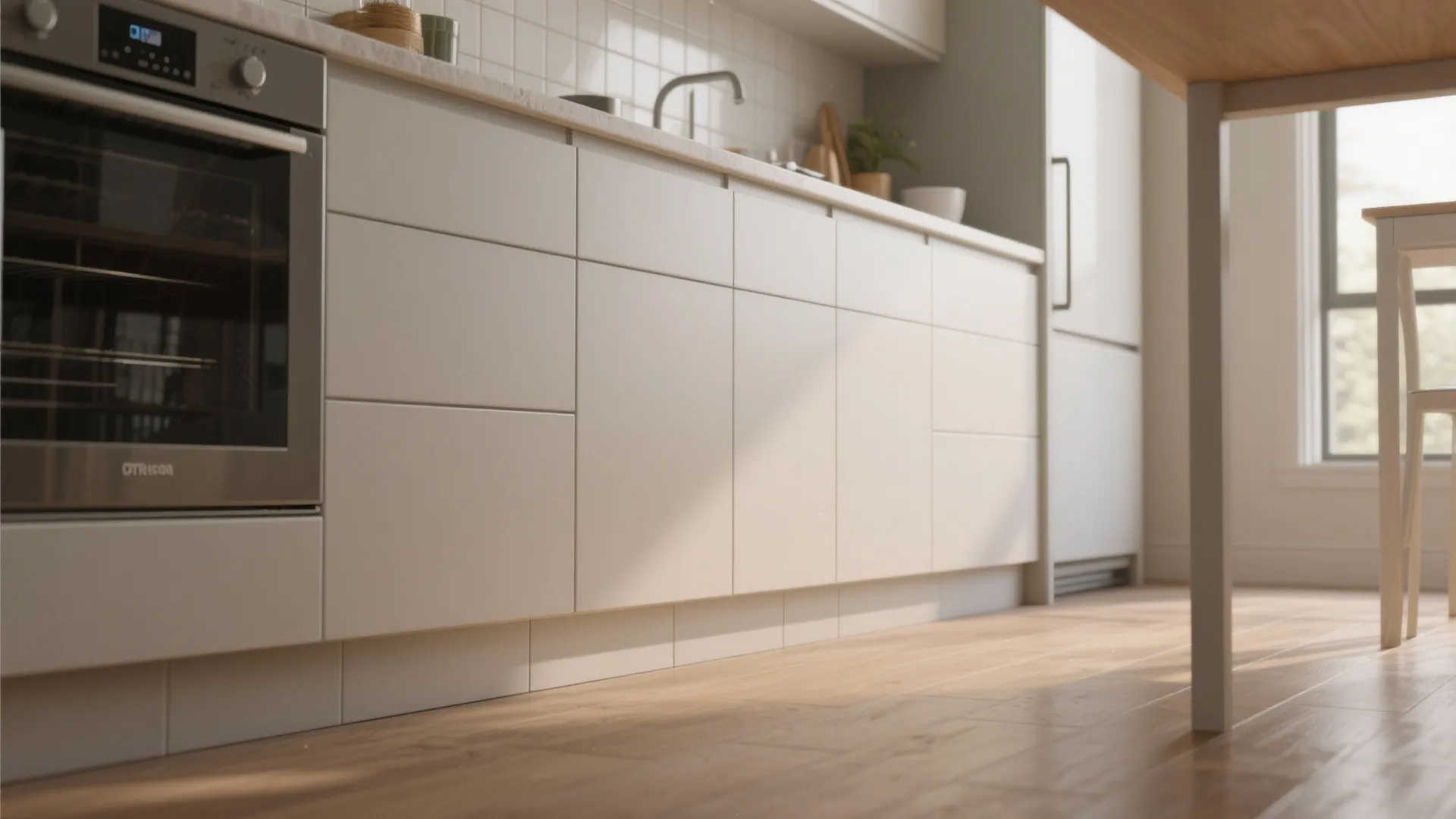 Raised toe-kicks and continuous backsplash panels in a small kitchen to reduce crevices.