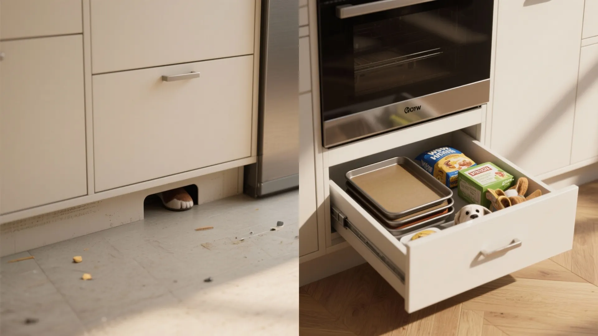 5. Change old toe-kicks to a built-in appliance drawer