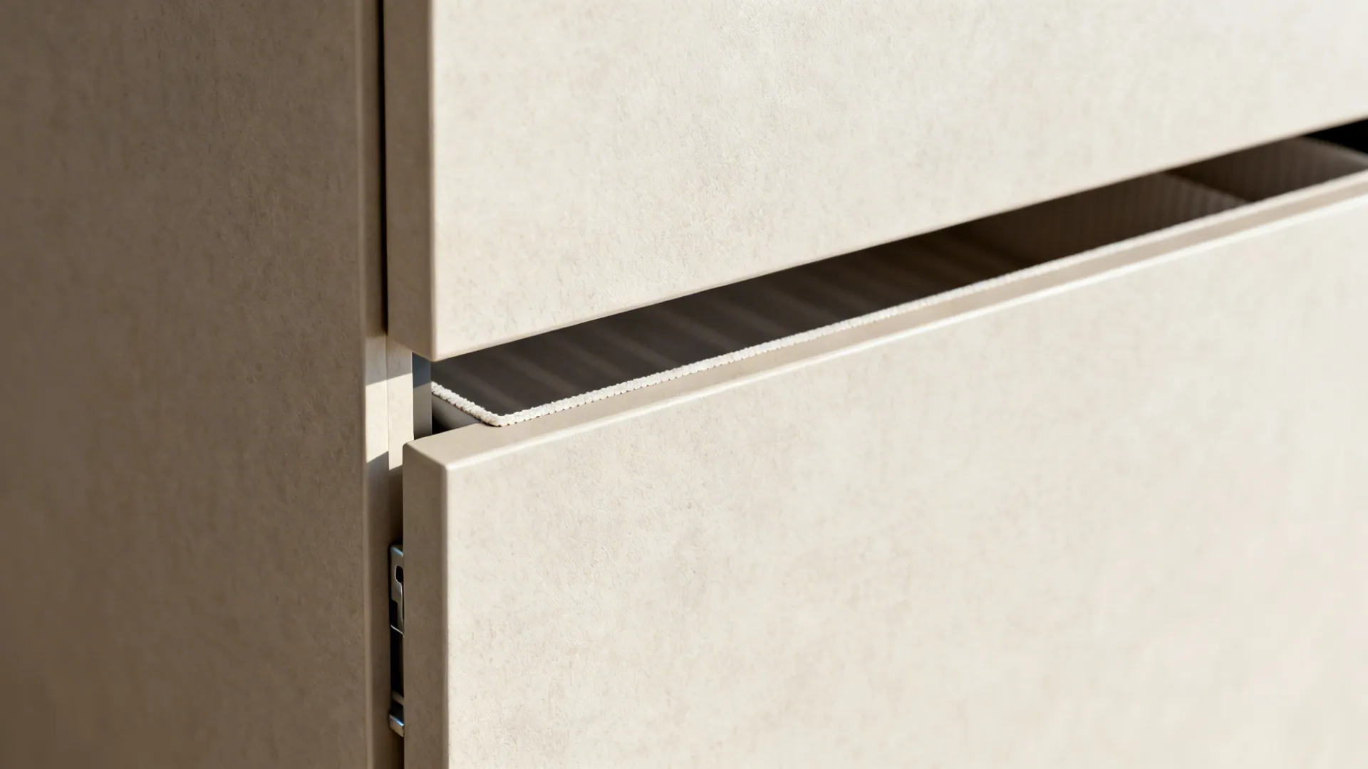 Close up of cream kitchen cabinet drawers showing gap for fingers and modern clean surface texture