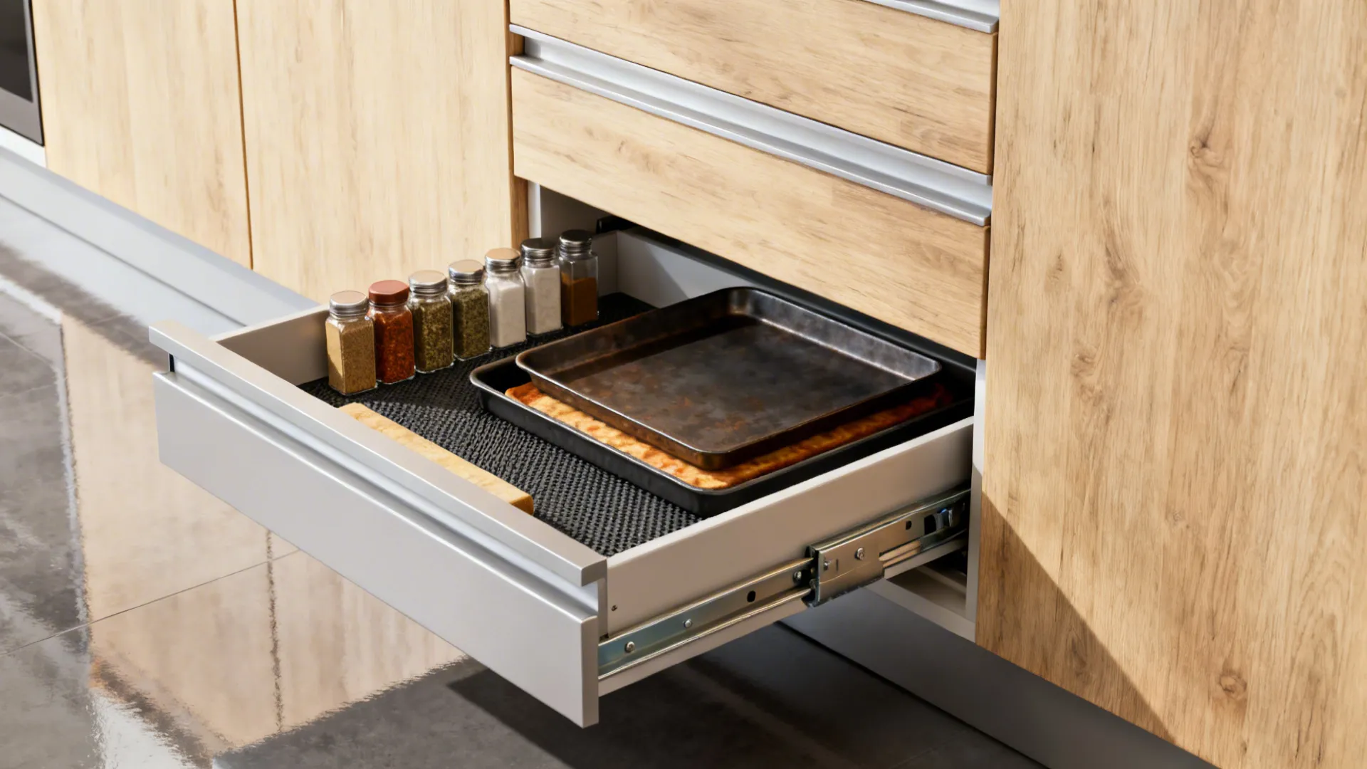 Macro of a toe-kick drawer under base cabinets storing trays and spices on a silicone liner.