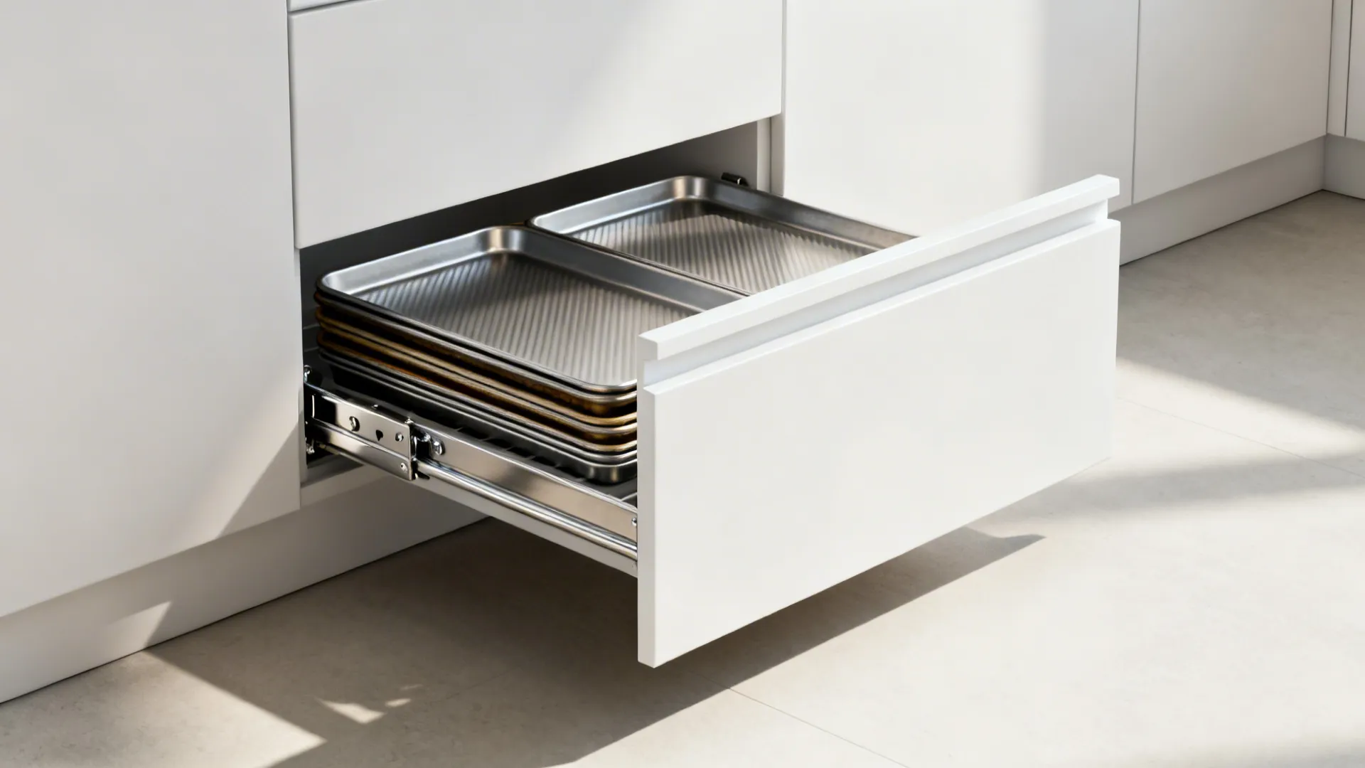 Macro of a toe-kick drawer under white base cabinets holding baking trays.