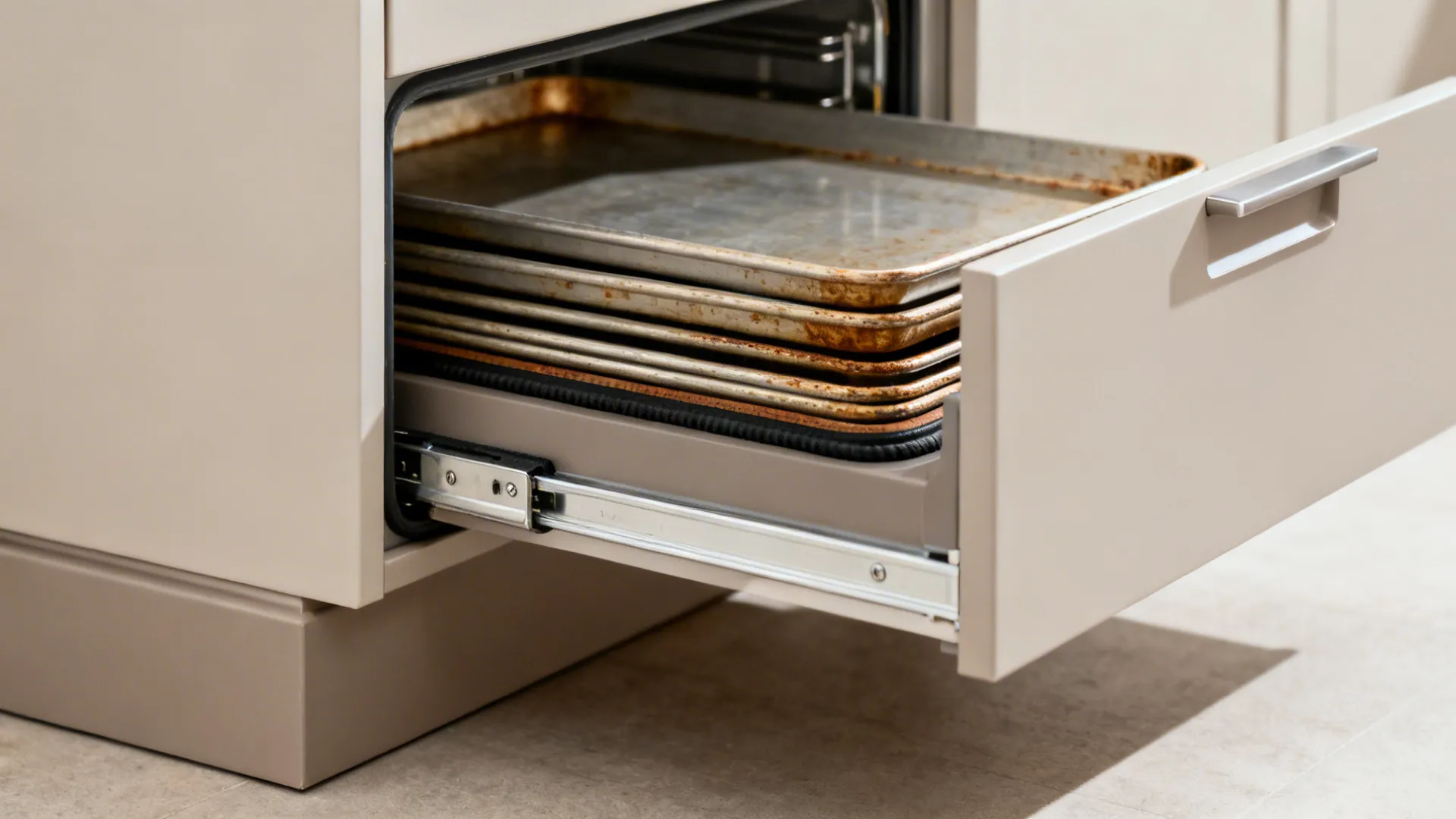 Macro of a toe-kick drawer with baking sheets and a sealed soft-close mechanism.
