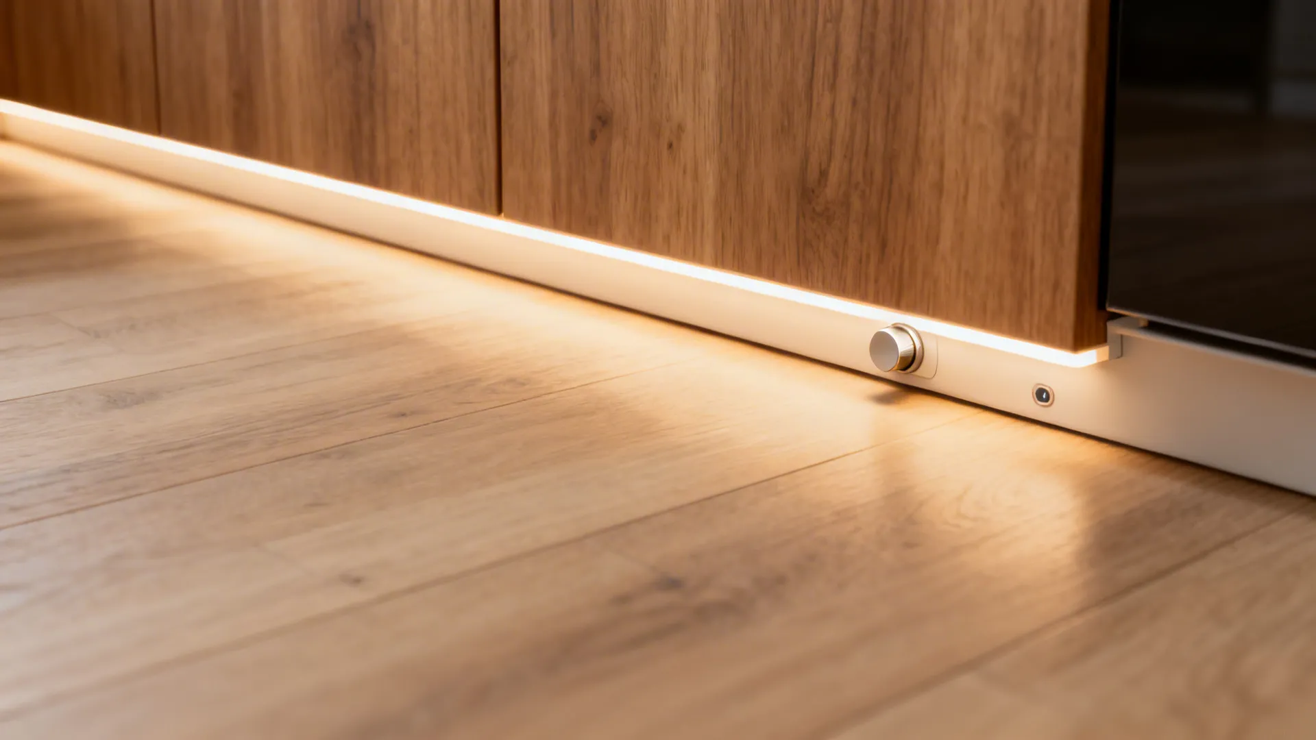 Macro of toe-kick LED lighting creating a floating cabinet effect over light wood flooring.