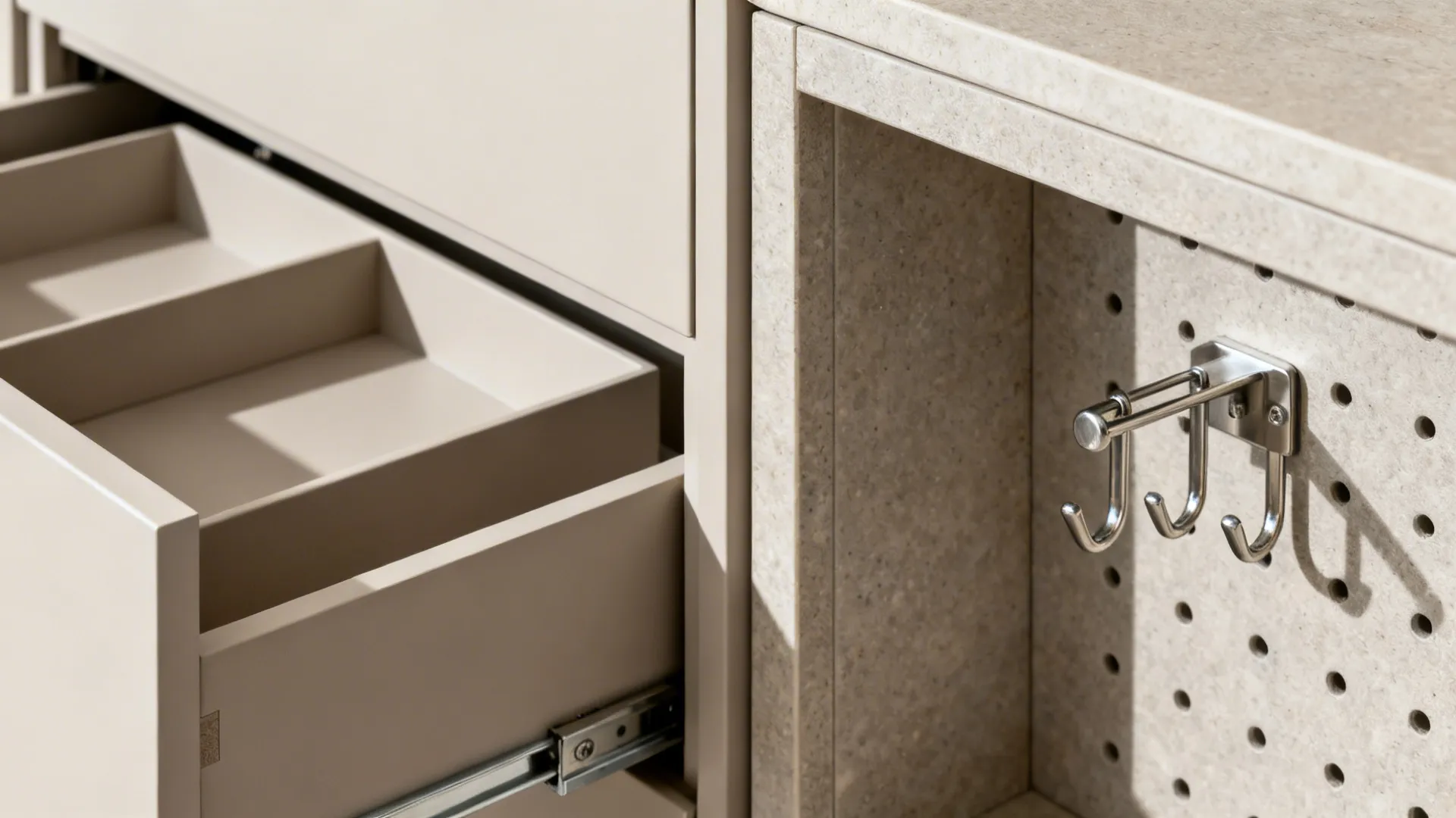 Close-up of a toe-kick drawer for trays and a recessed backsplash-lined niche with stainless hooks.