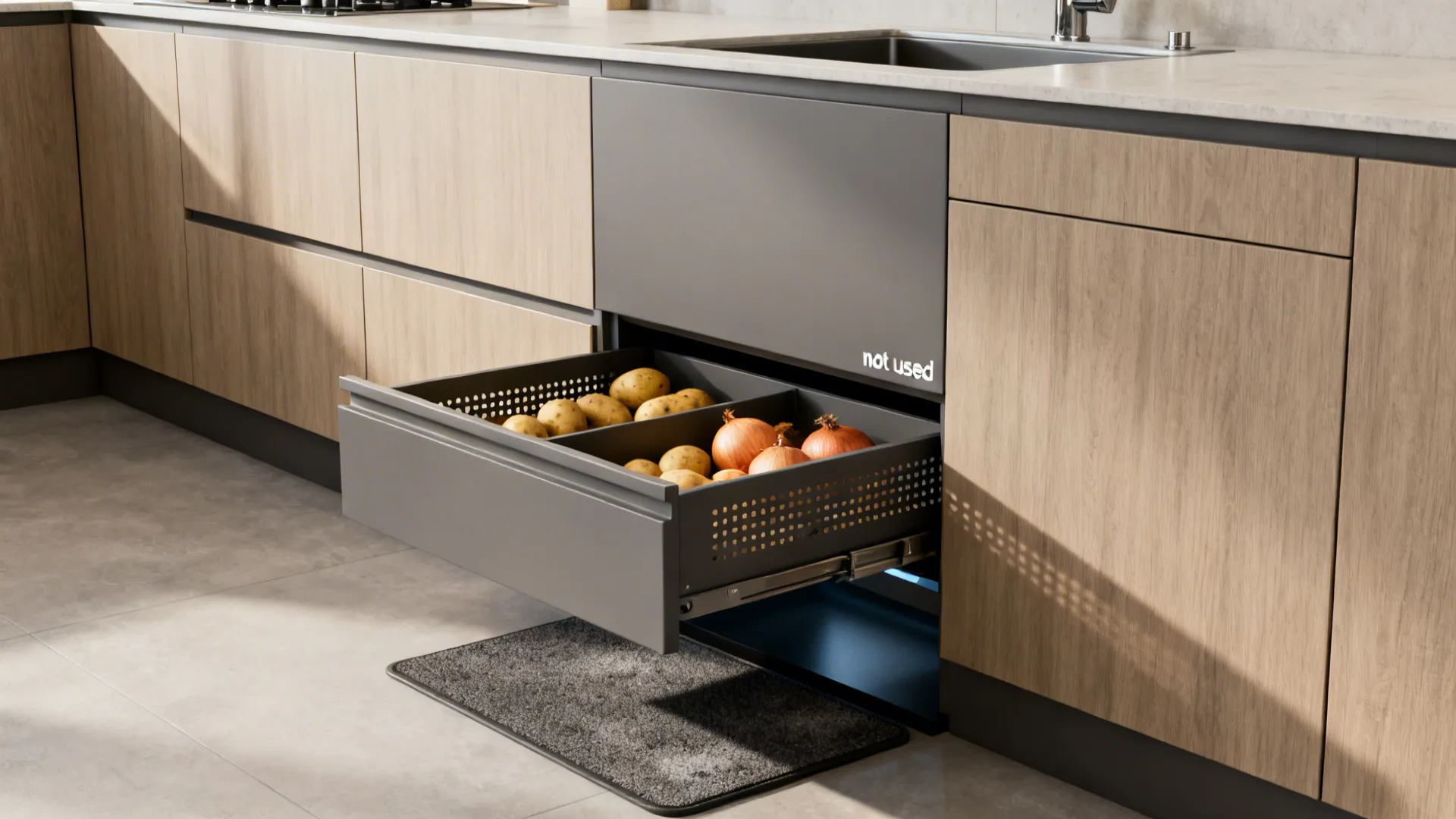 Ventilated toe-kick drawer with side perforations storing onions and potatoes in separate compartments away from the sink.