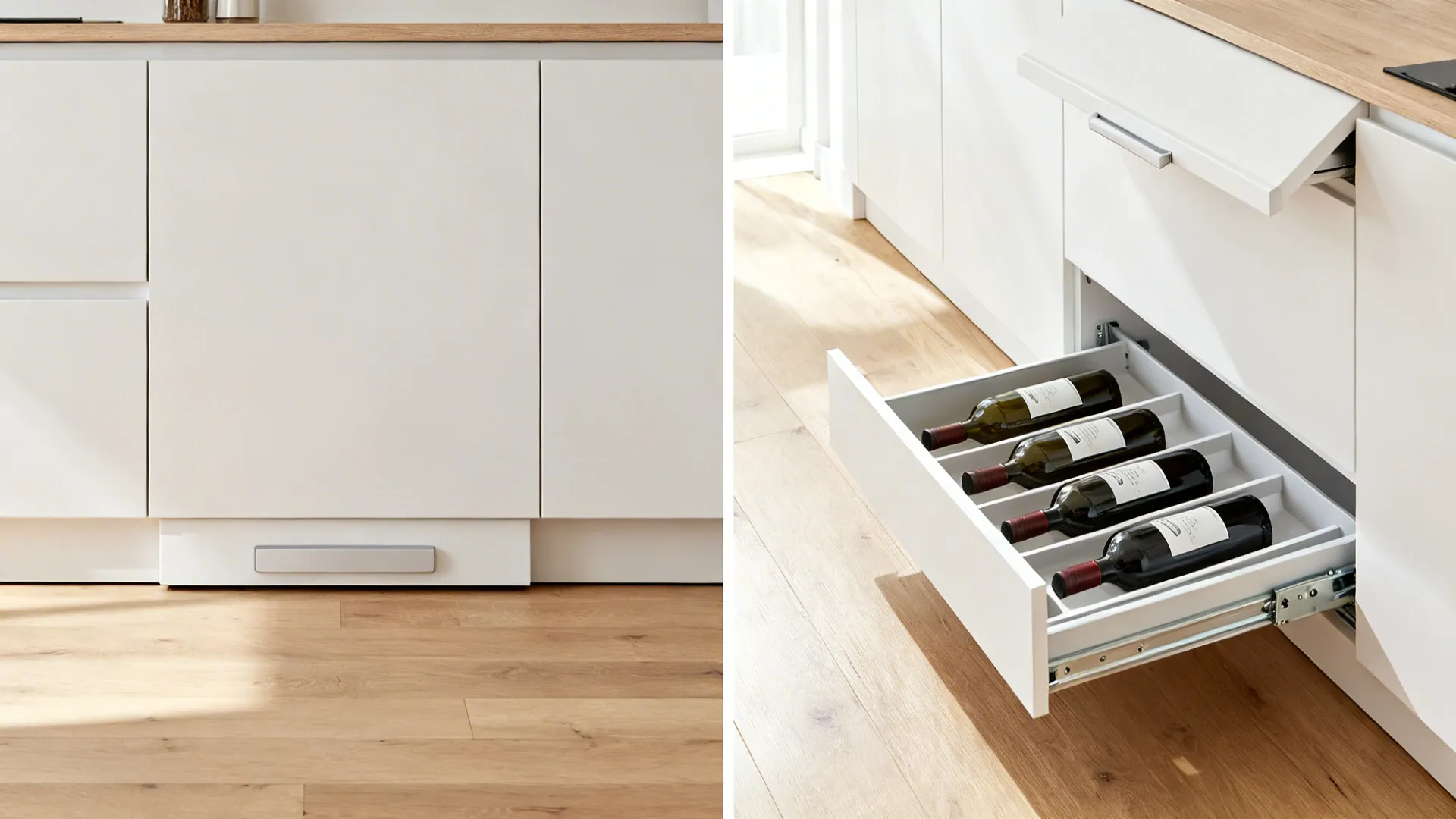 Before-and-after view showing a toe-kick wine drawer that hides bottles beneath base cabinets.