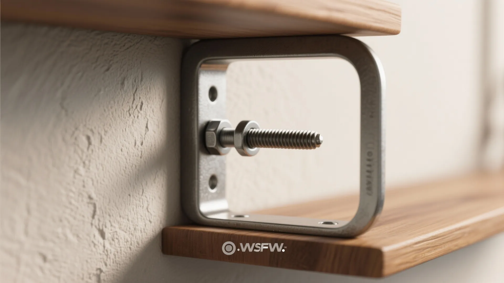 Close-up macro of a toggle bolt anchor holding an open shelf bracket in drywall, showing hardware detail.
