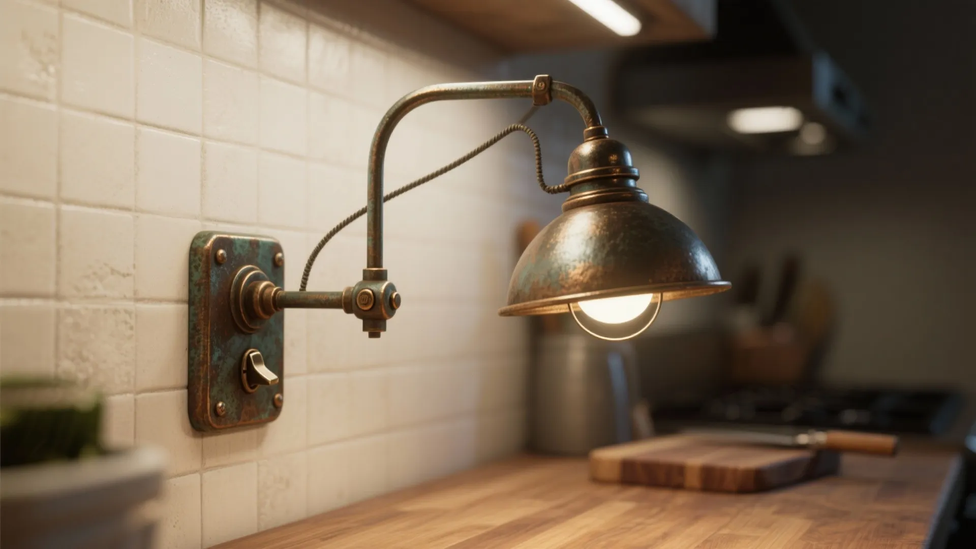 Vintage metal wall light with toggle switch on white tile wall above wooden kitchen counter