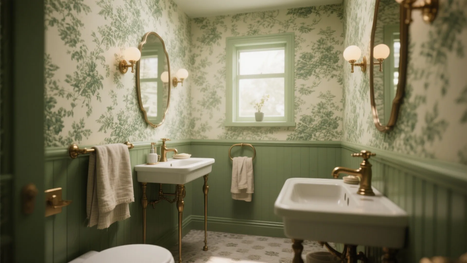 Vintage bathroom with green floral wallpaper white sinks gold legs green wall panel and wall lights