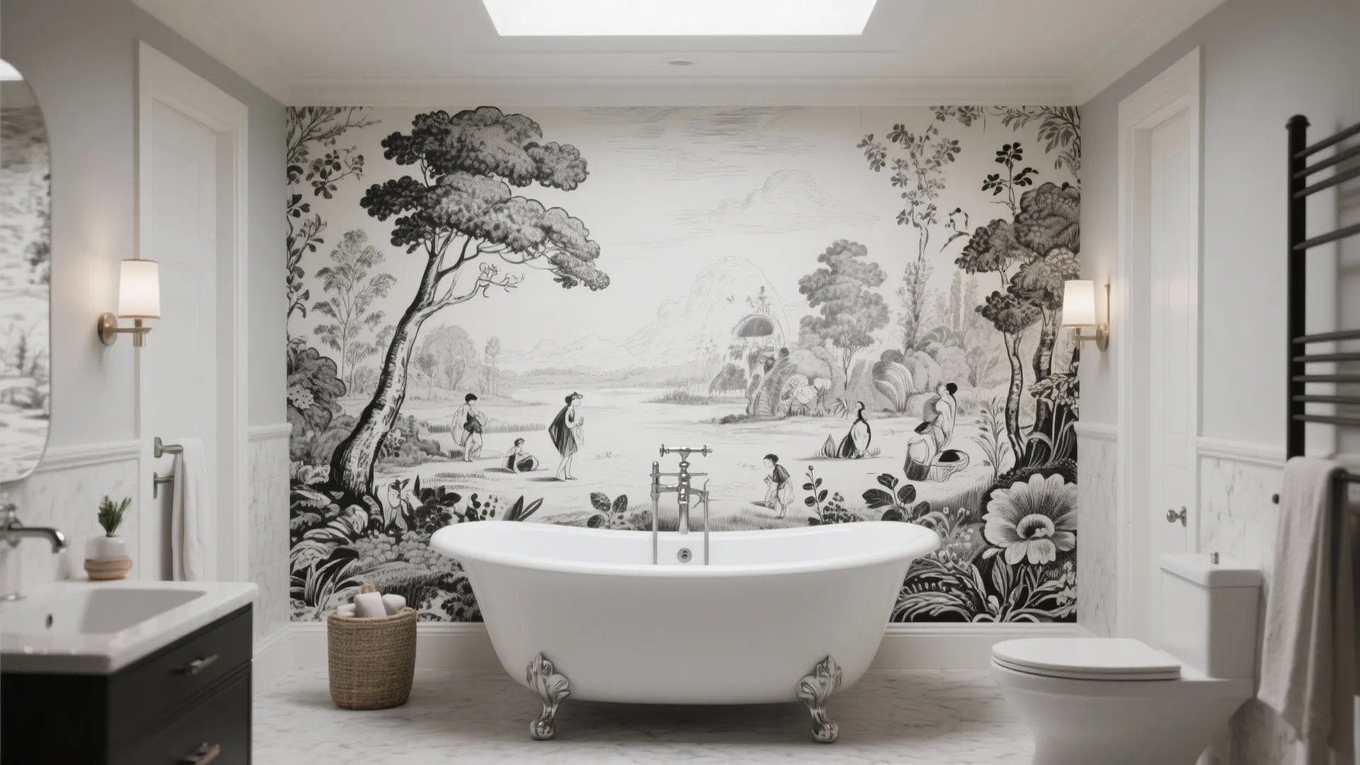 5. Black and white toile or illustrated scenes