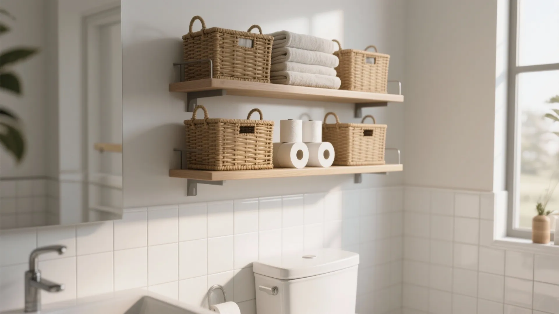 Wooden floating shelves above a white toilet holding woven baskets folded towels and toilet paper