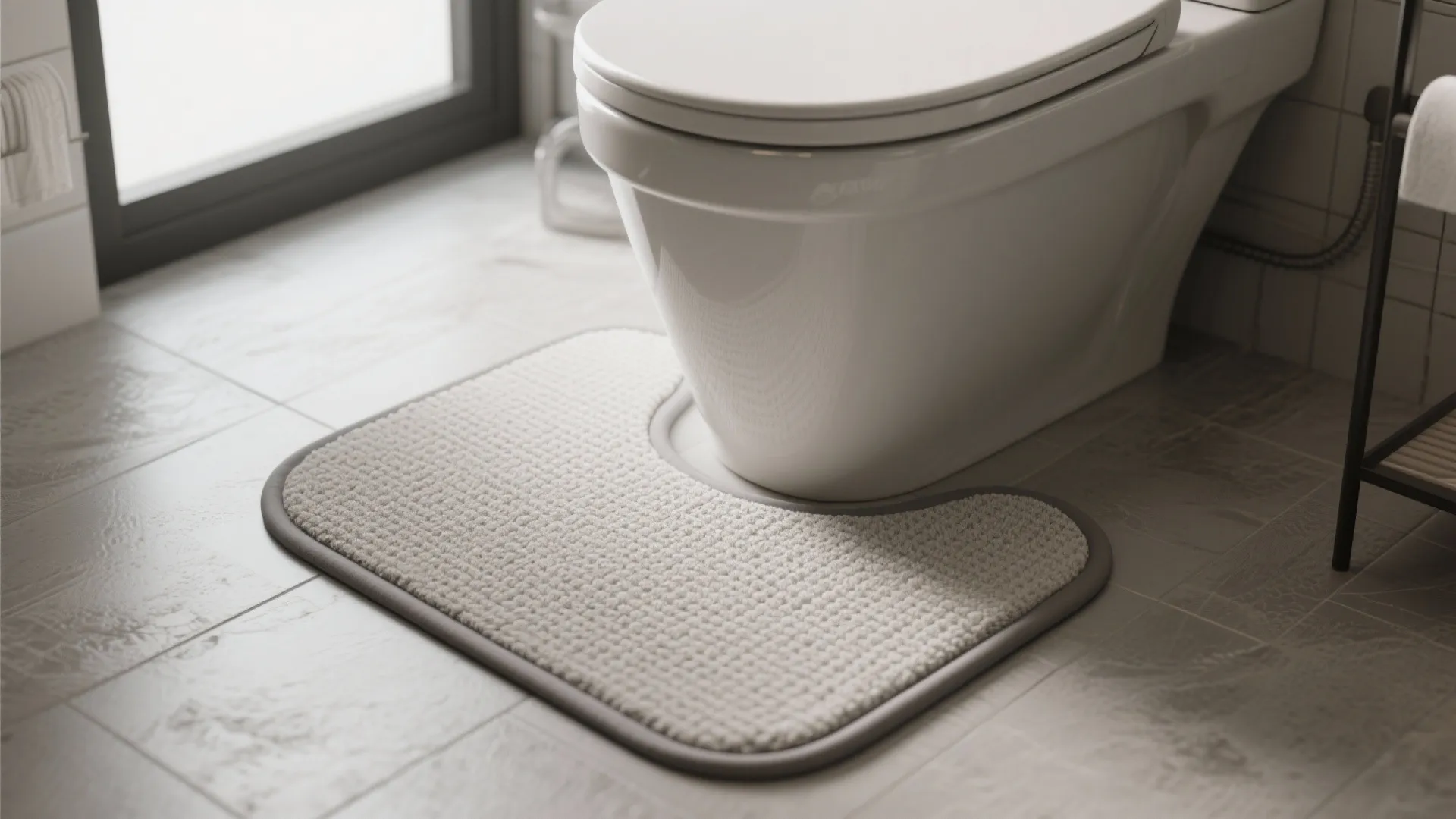Grey U-shaped bathroom mat placed around the base of a white toilet on tiled floor