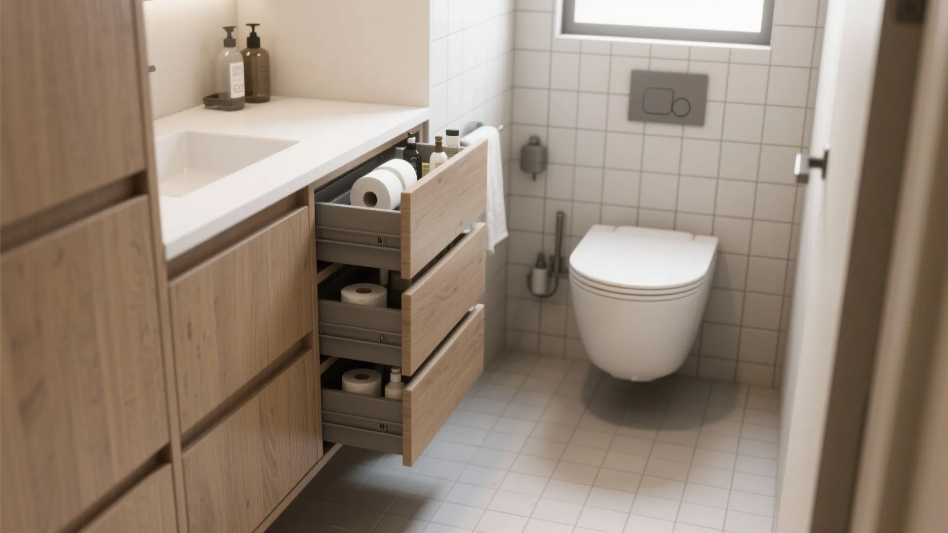 Bathroom interior with open wood drawers storing toilet paper rolls next to a white wall toilet