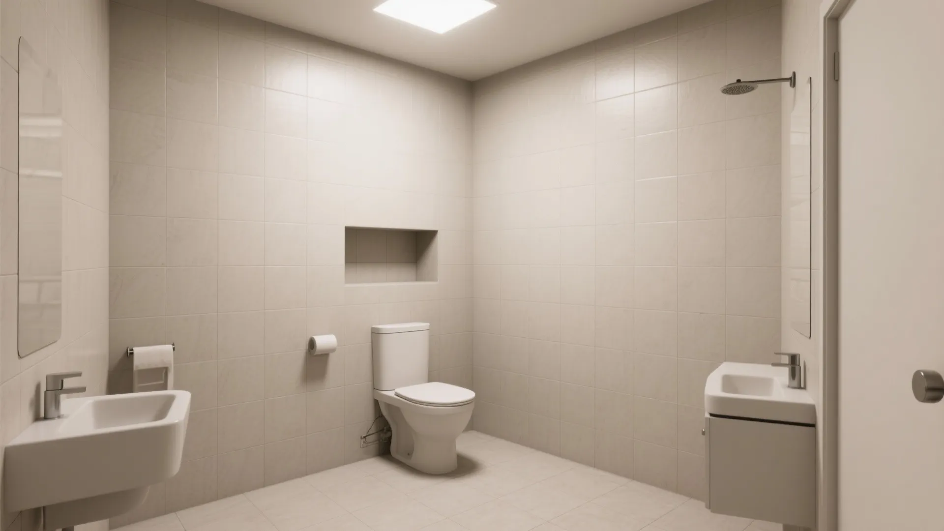 Minimalist bathroom design featuring beige wall tiles white toilet two small sinks and wall niche