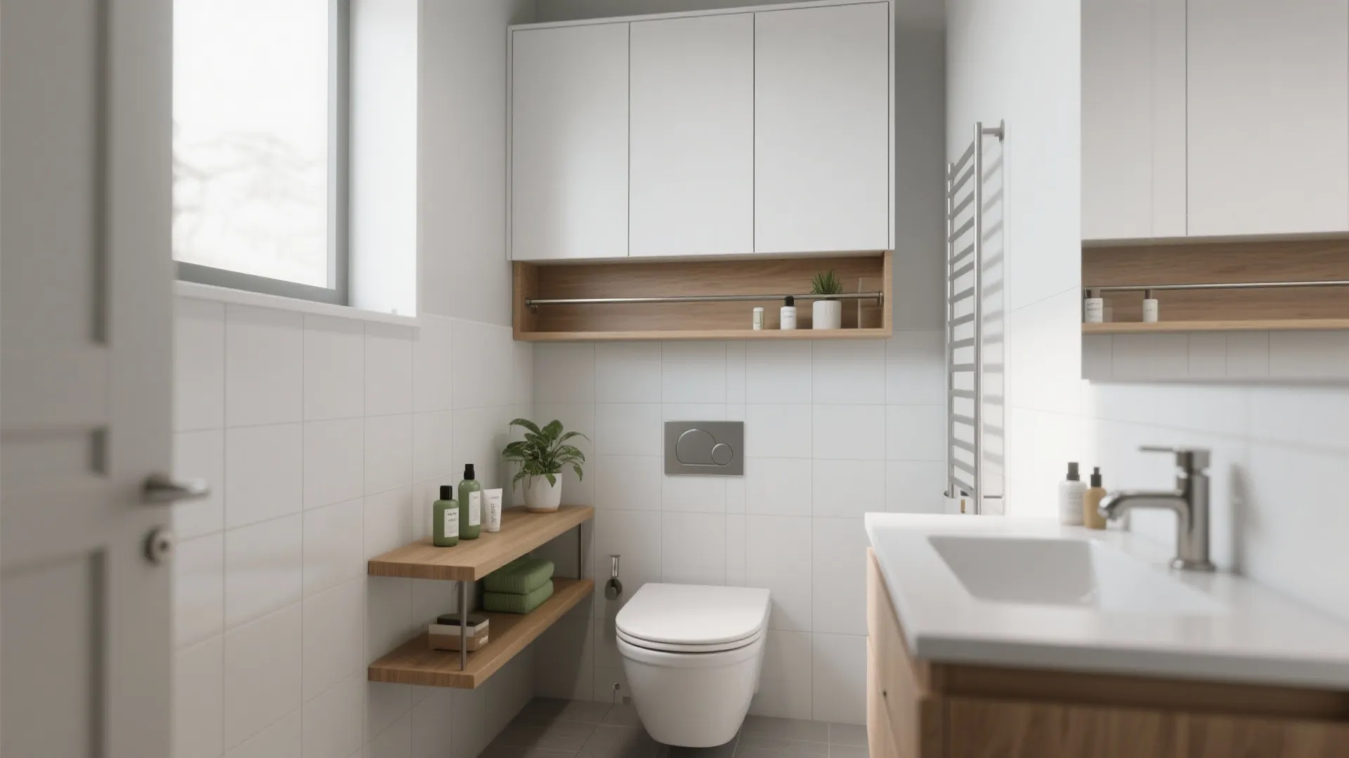 Slim over-the-toilet rack with matte white cabinet and open oak shelf in a tidy tiny bathroom