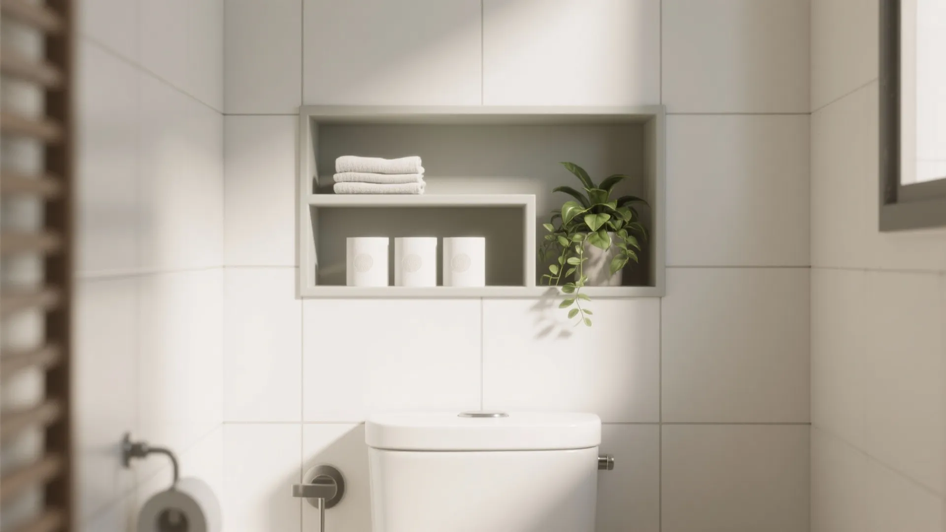 Recessed wall shelf above white toilet holding rolled towels green potted plant and small bottles