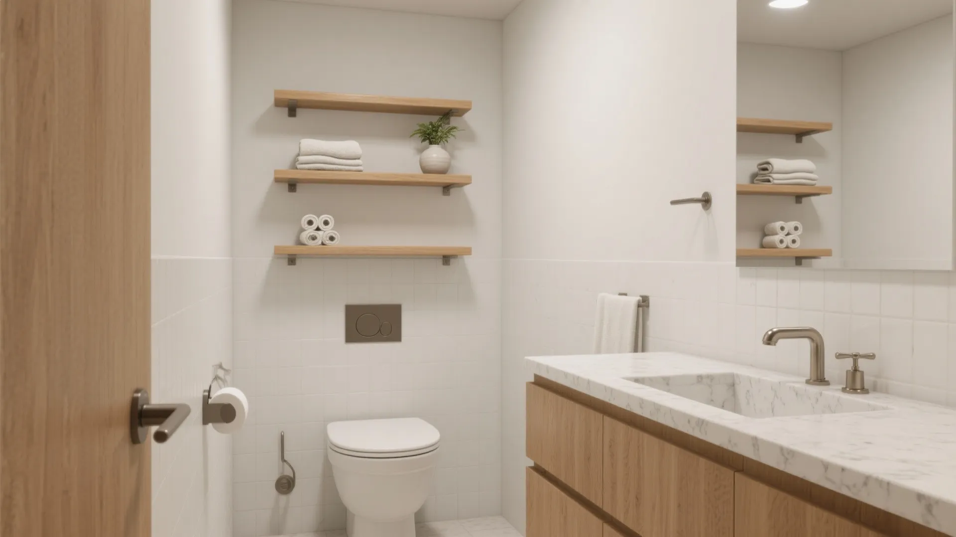 Three oak floating shelves above a compact toilet holding towels and a vase in a small powder room.