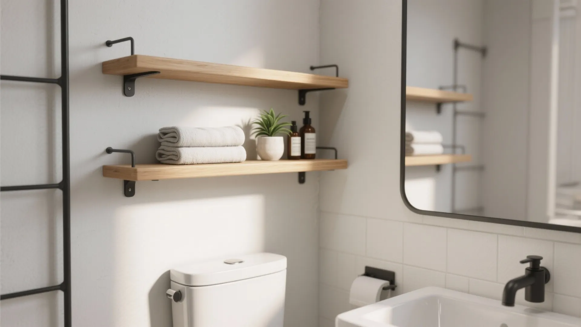Bathroom interior showing wooden floating shelves above toilet with towels small plant and black mirror frame
